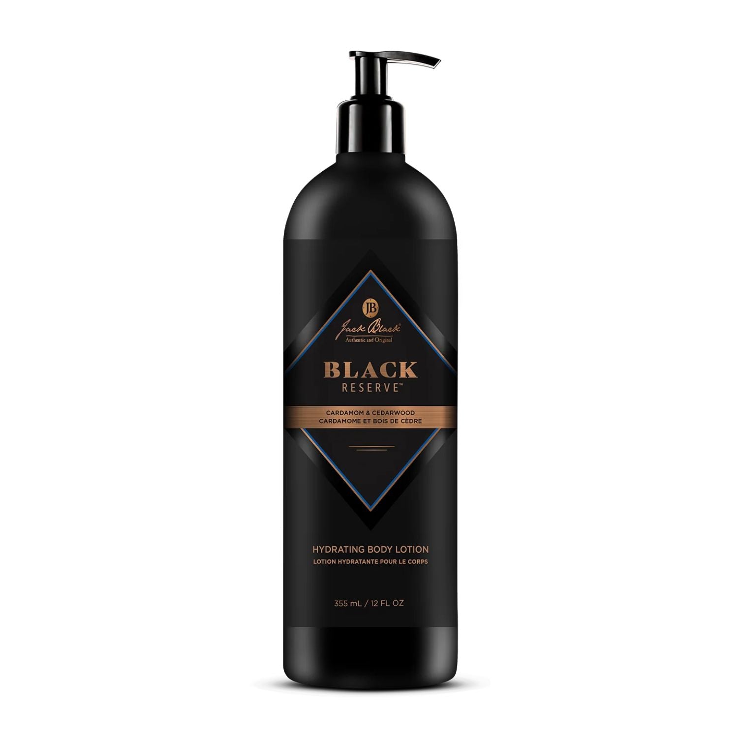 Black Reserve hydrating body lotion bottle on a white background