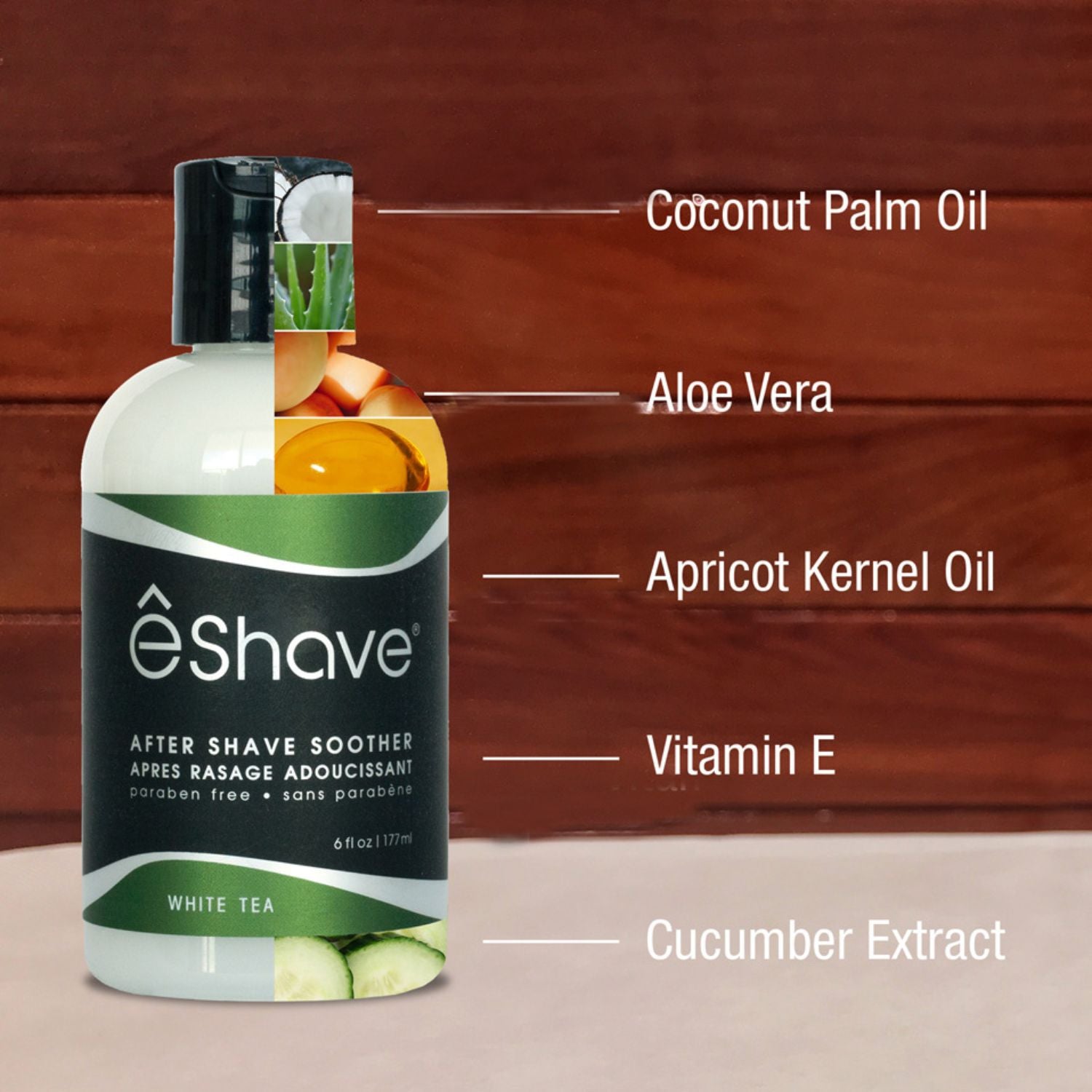 eShave after shave soother bottle with labeled ingredients on a wooden background