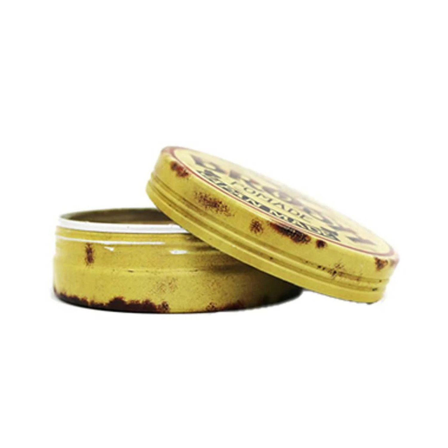 A round metal tin of 'Brosh' brand Japan Made Pomade, shown open with the lid leaning against the base on a plain white background.