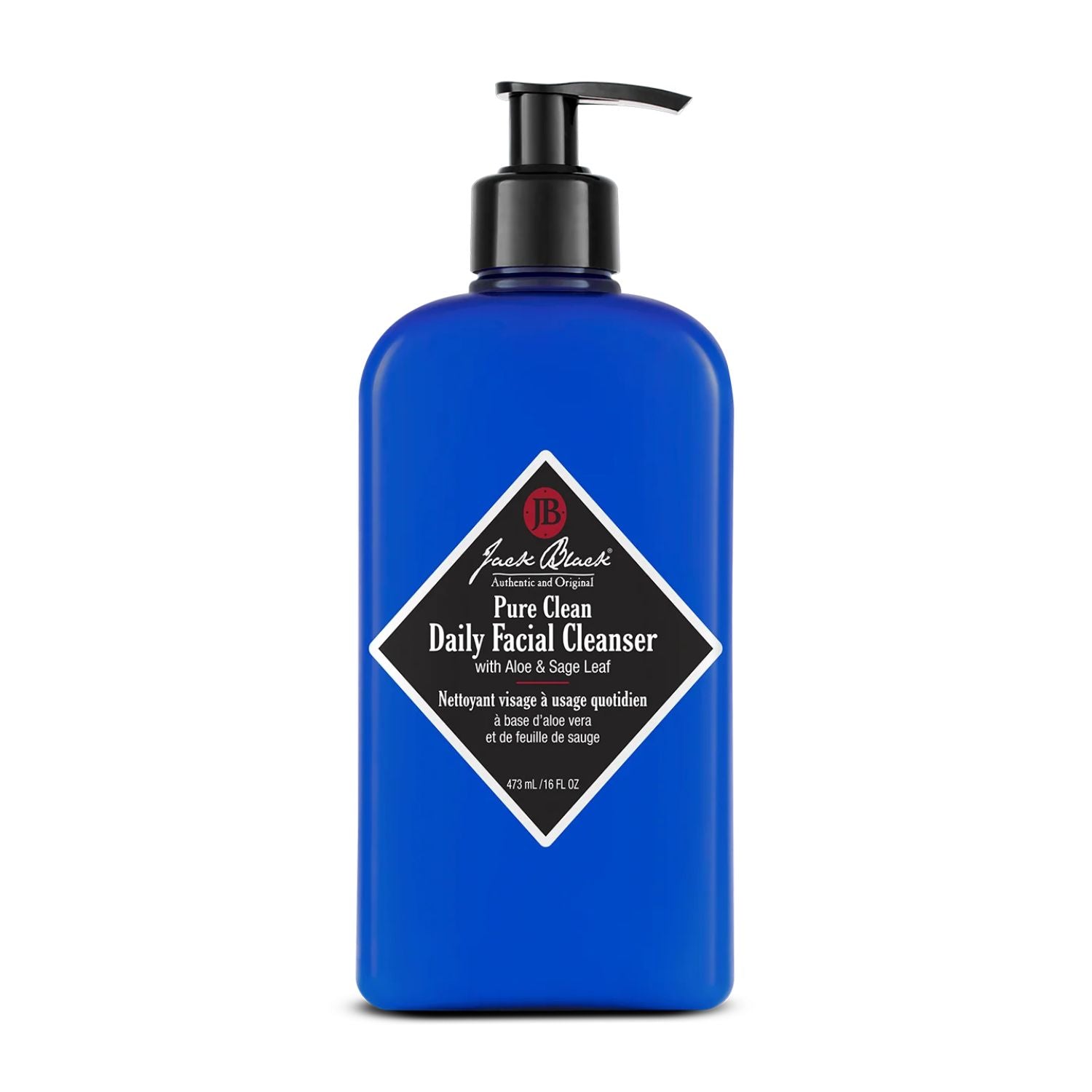 Blue bottle of Jack Black facial cleanser on a white background