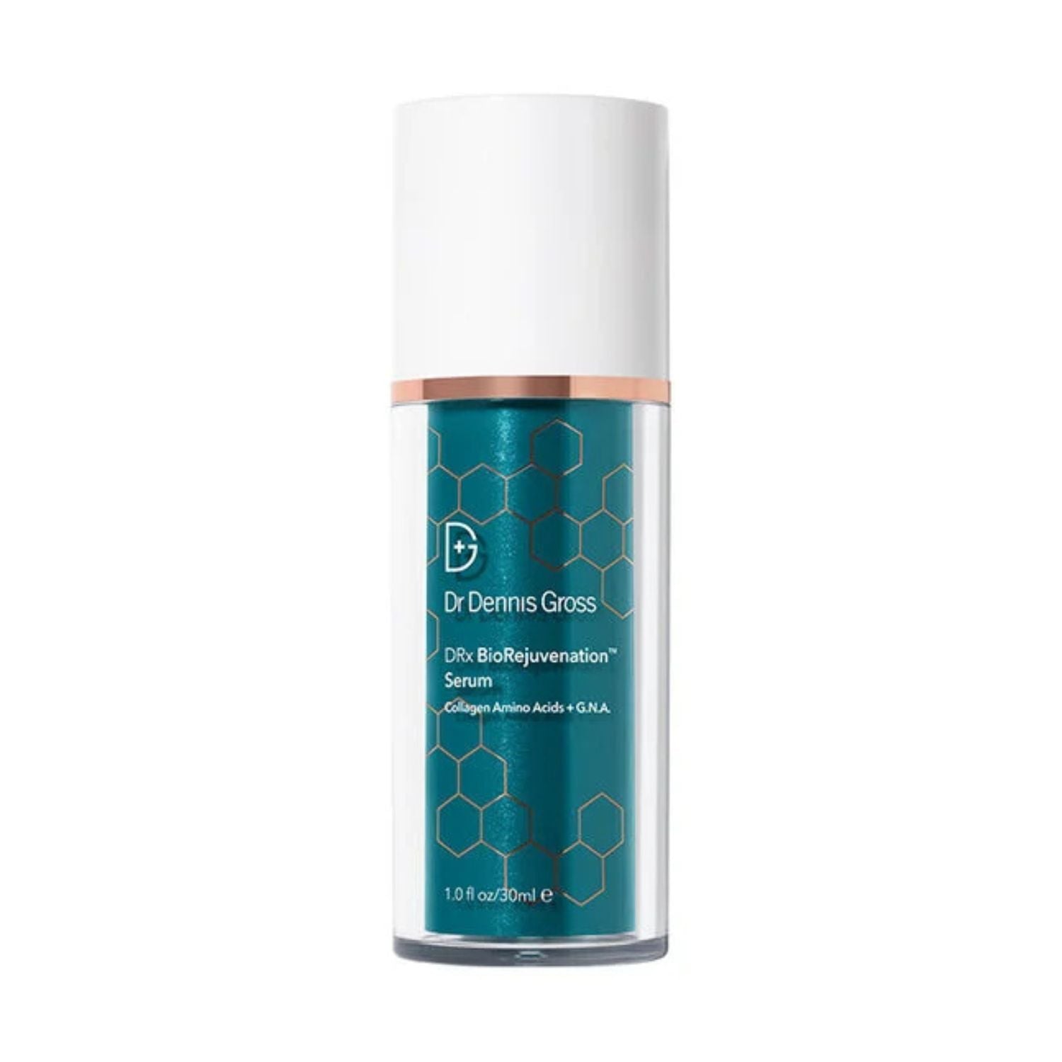 Dr Dennis Gross DRx BioRejuvenation Serum in a clear cylindrical bottle with a white cap, teal label, and rose gold accents, shown on a plain white background.