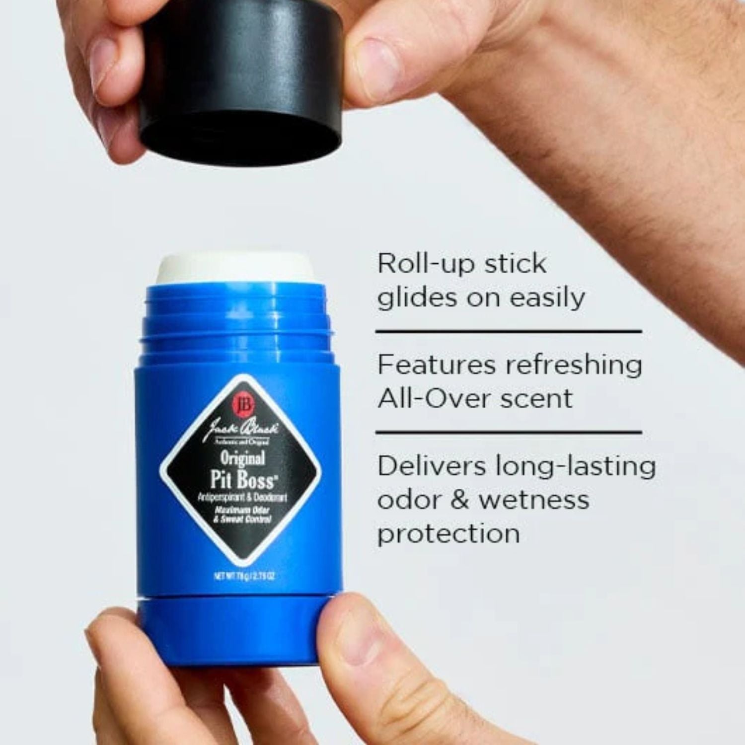 Blue roll-up stick with black cap held by a hand, featuring Jack Black branding.