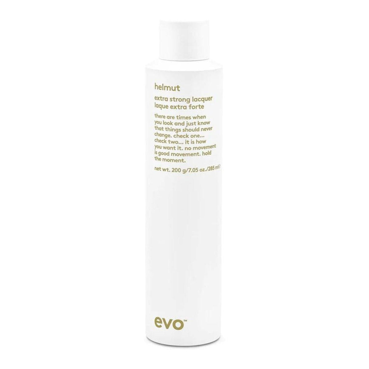 A white cylindrical bottle of EVO Helmut Extra Strong Lacquer with gold text, shown against a plain white background.