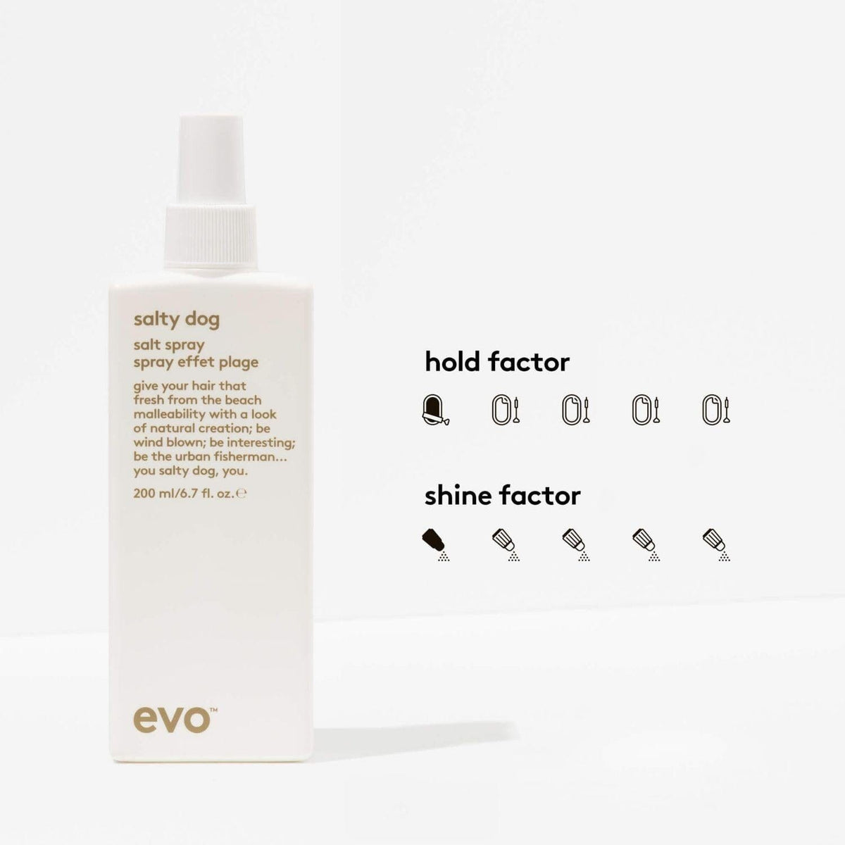 Evo Salty Dog Salt Spray bottle with text showing the 1/5 hold factor and 1/5 shine factor