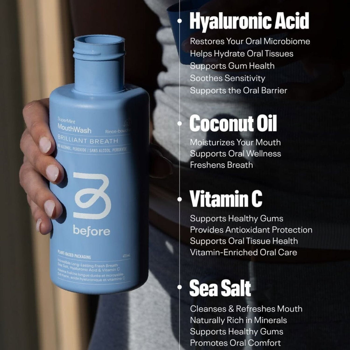 Hand holding a Before Brilliant Breath MouthWash SuperMint with an overlay of key ingredients