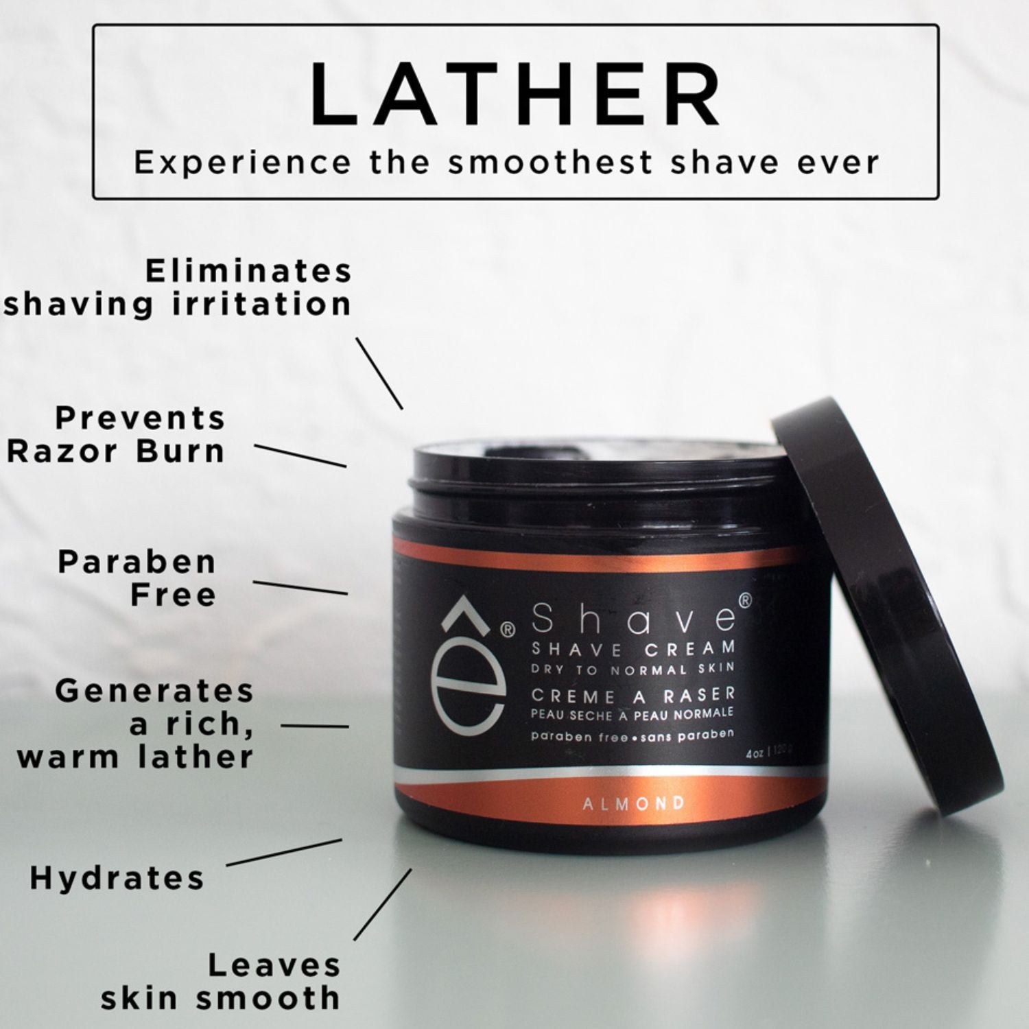 Shave cream jar with text highlighting benefits on a light gray background