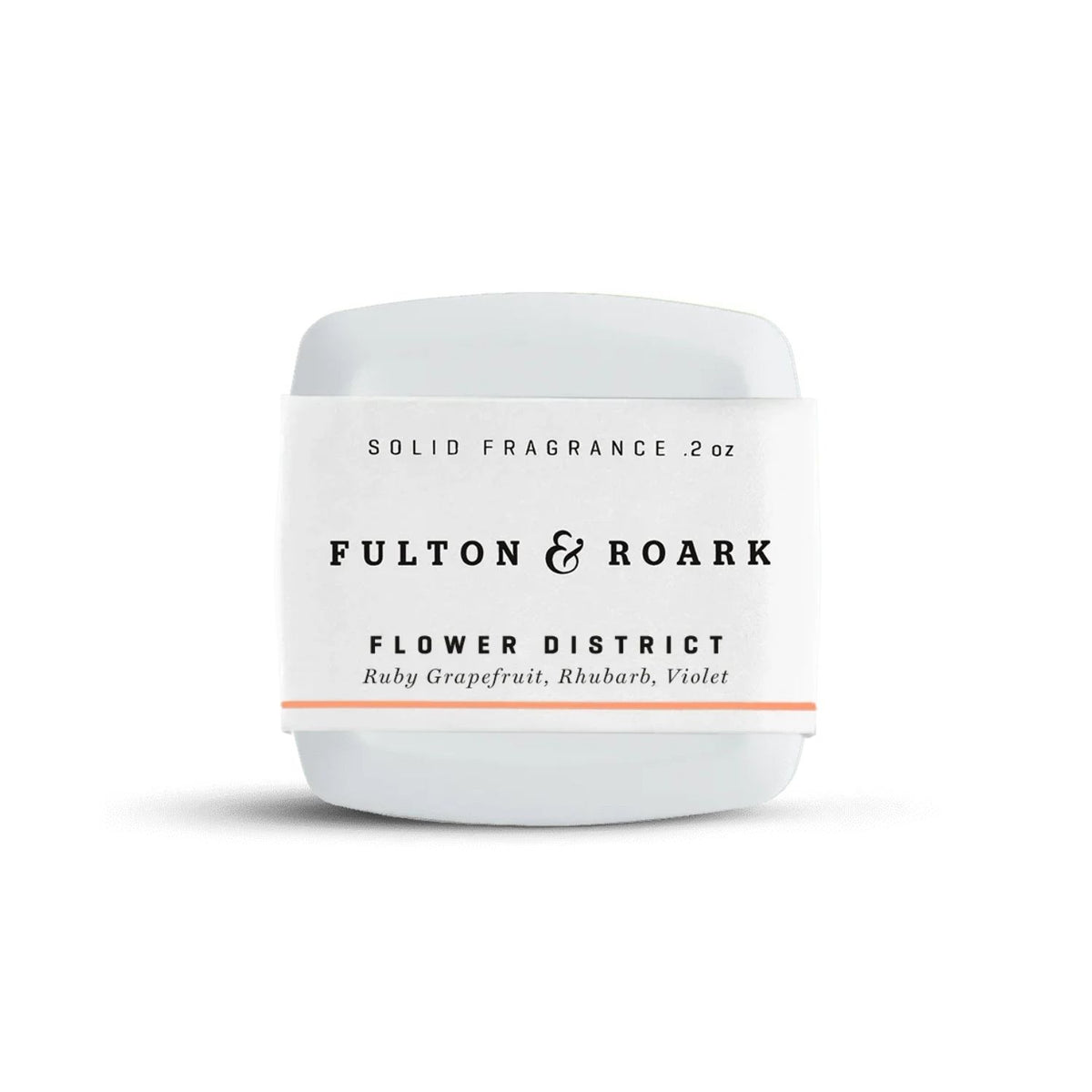A white solid fragrance jar with a white label reading 'FULTON & ROARK' and 'FLOWER DISTRICT' on a clean white background.