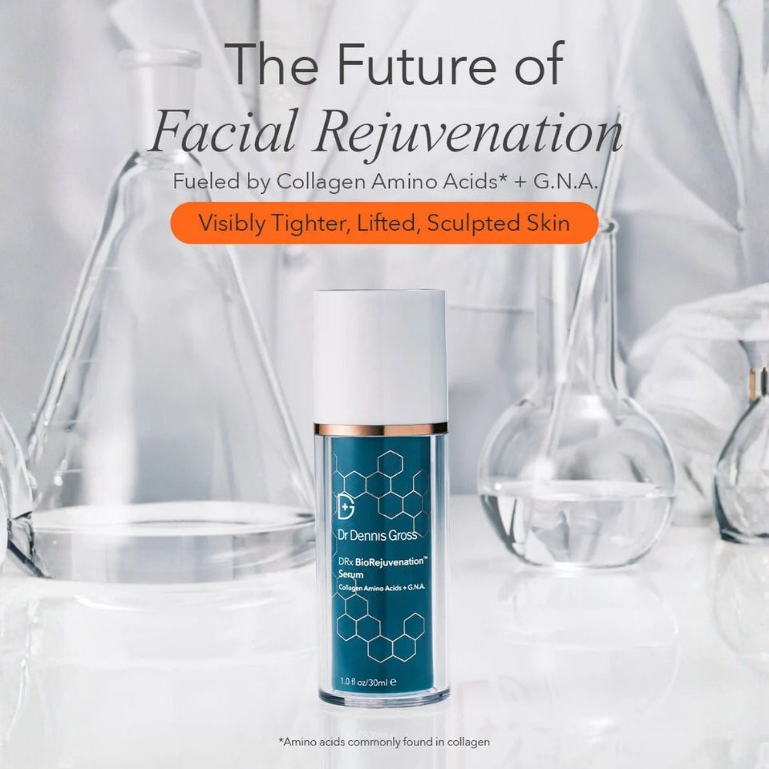 A skincare bottle labeled Dr. Dennis Gross BioRejuvenation Serum stands on a glossy white surface with blurred glass laboratory equipment in the background.
