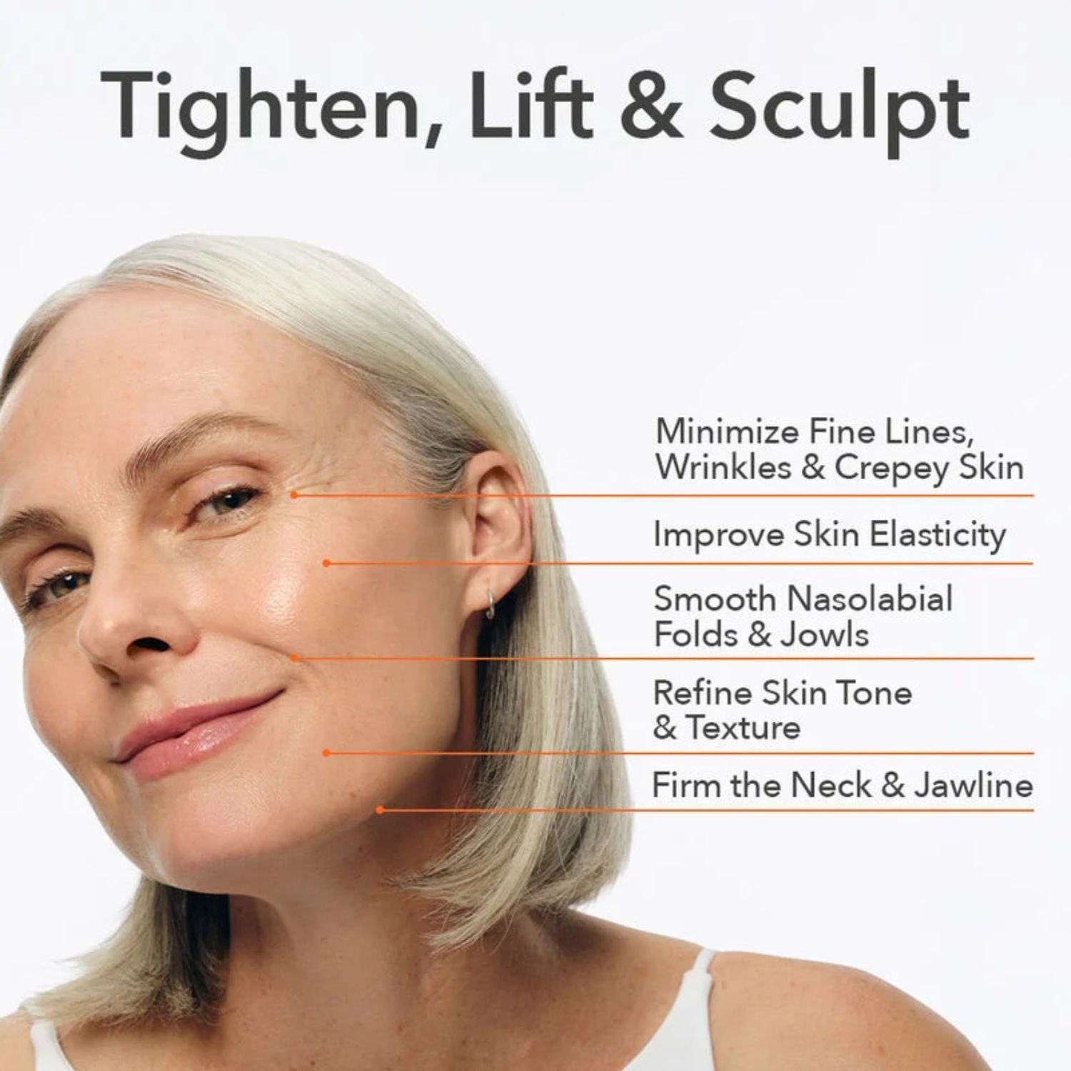 Promotional skincare graphic with a close-up of a woman's face and shoulder, text reading 'Tighten, Lift & Sculpt,' and callout lines listing skin benefits such as minimizing fine lines, improving elasticity, smoothing nasolabial folds, refining tone and texture, and firming the neck and jawline.