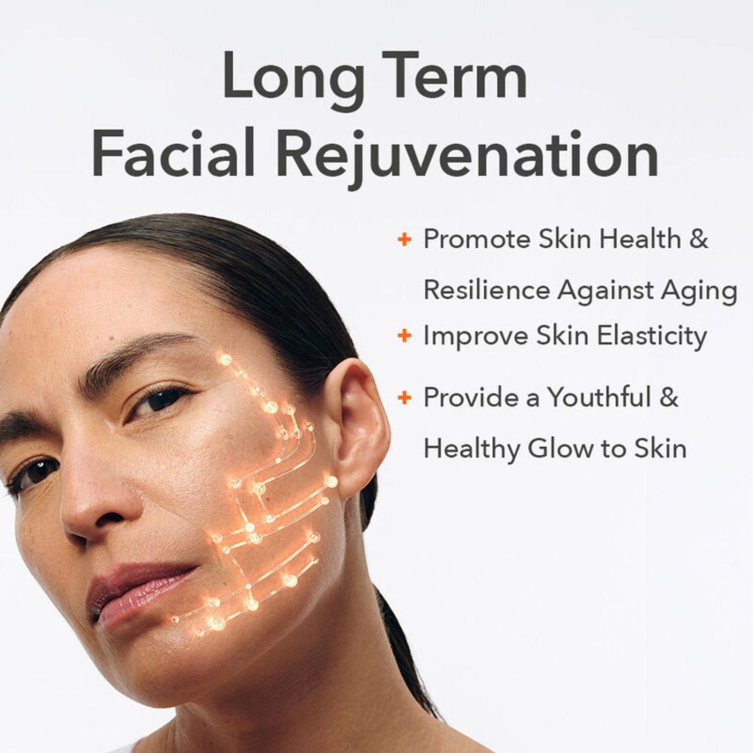 Promotional graphic for a facial rejuvenation treatment, showing a close-up of a woman's face with glowing orange circuit-like lines mapped to her cheek and jawline. Text reads 'Long Term Facial Rejuvenation' with bullet points about promoting skin health, improving elasticity, and providing a youthful glow.