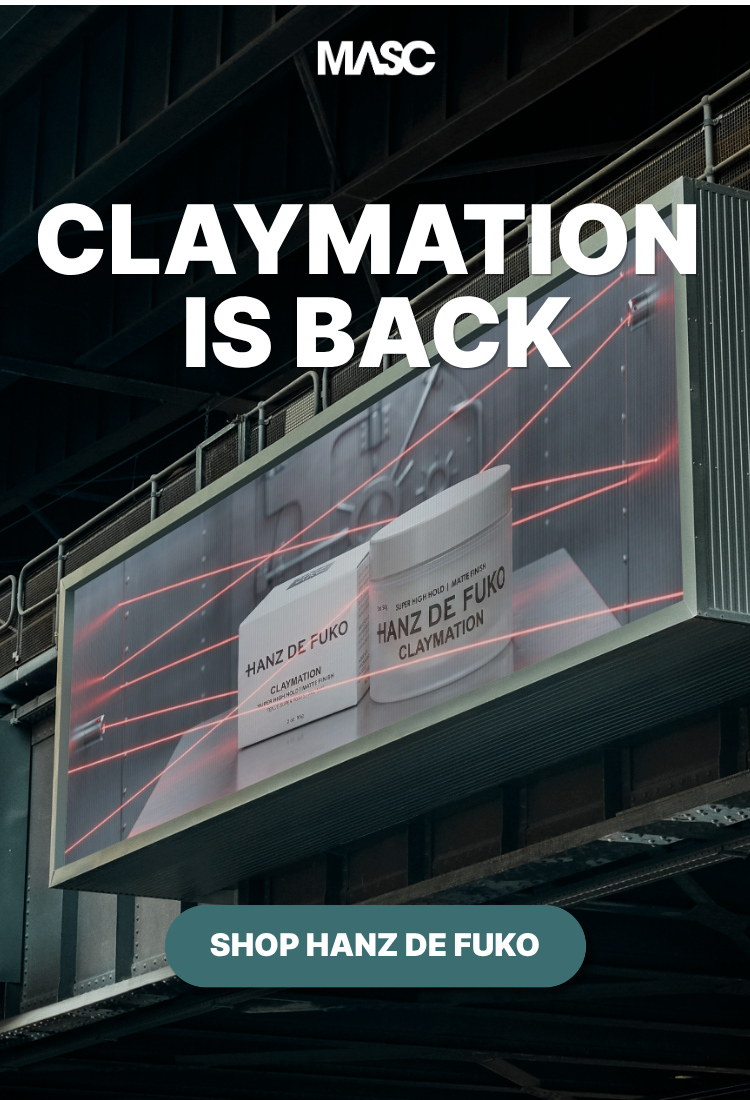Promotional graphic for Hanz de Fuko Claymation, featuring a large outdoor billboard with the words 'CLAYMATION IS BACK' and 'SHOP HANZ DE FUKO' on a dark industrial background.