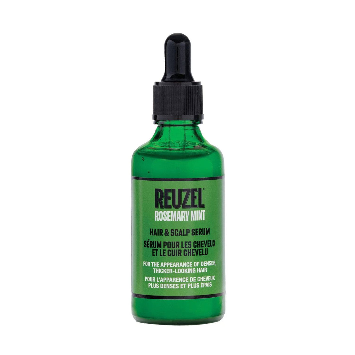 A green glass dropper bottle of Reuzel Rosemary Mint Hair & Scalp Serum on a plain white background.
