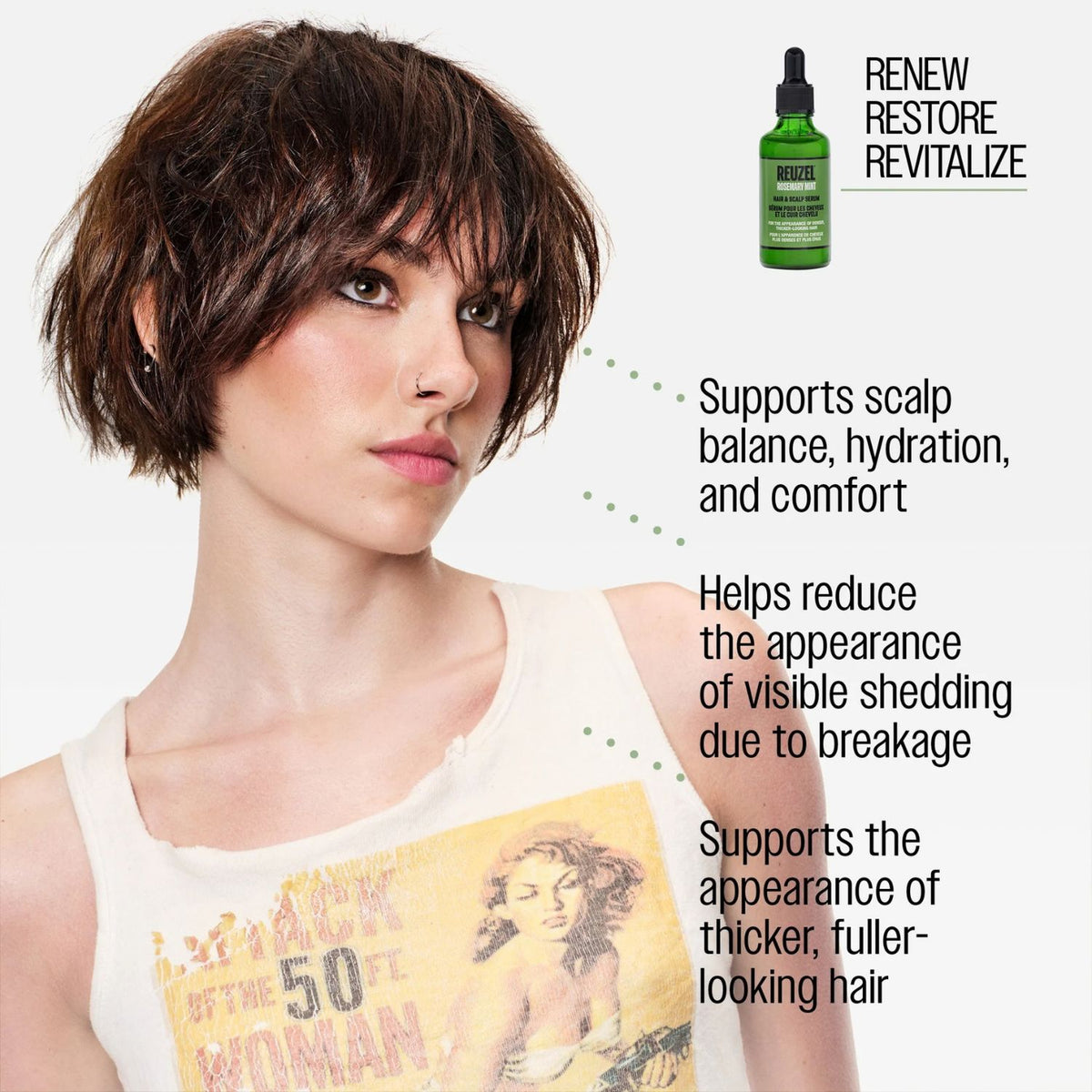 A woman with a short, textured brown wig or hairpiece shown against a light gray background, with product callout text and a small bottle graphic reading 'RENEW RESTORE REVITALIZE.' The product appears to be a hair care or hair-building supplement, but the image is primarily a promotional lifestyle-style graphic rather than a clean product-only shot.