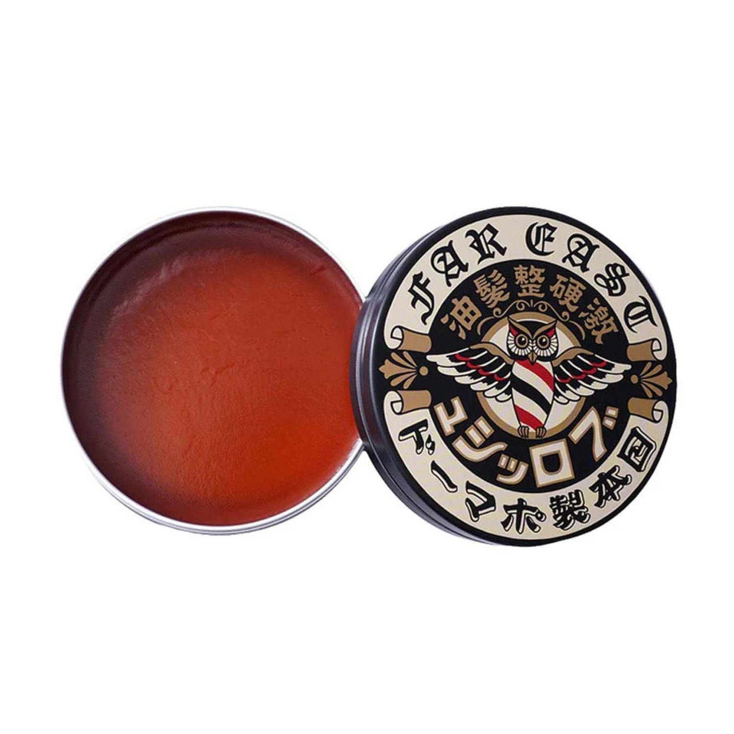 An open round metal tin showing a reddish-brown hair wax or balm, with the lid beside it featuring a black, white, and red owl logo and Japanese text.