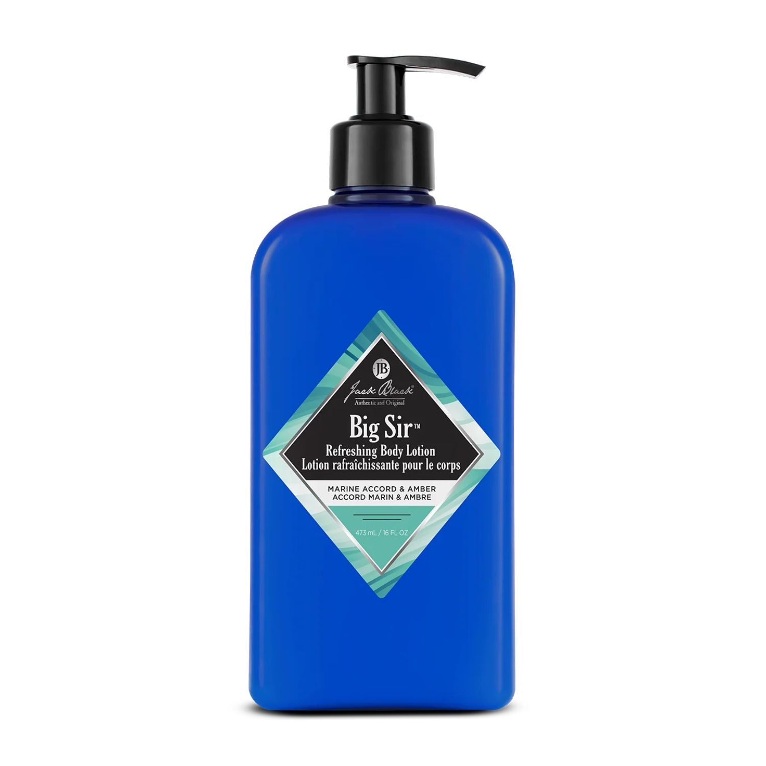 Blue bottle of Big Sir refreshing body lotion with a pump on a white background