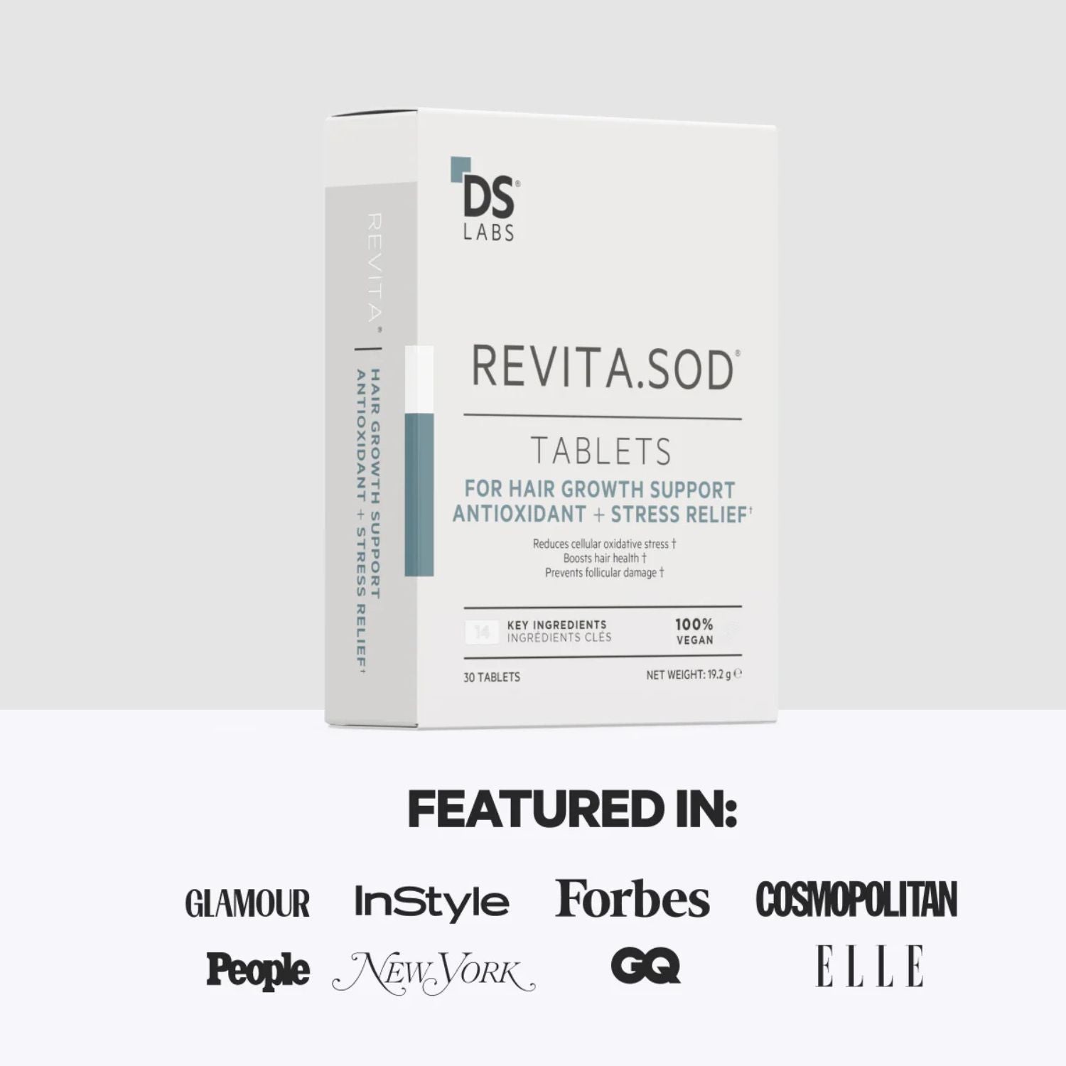 DS Labs Revita.SOD tablets packaging on a white background with magazine logos below.