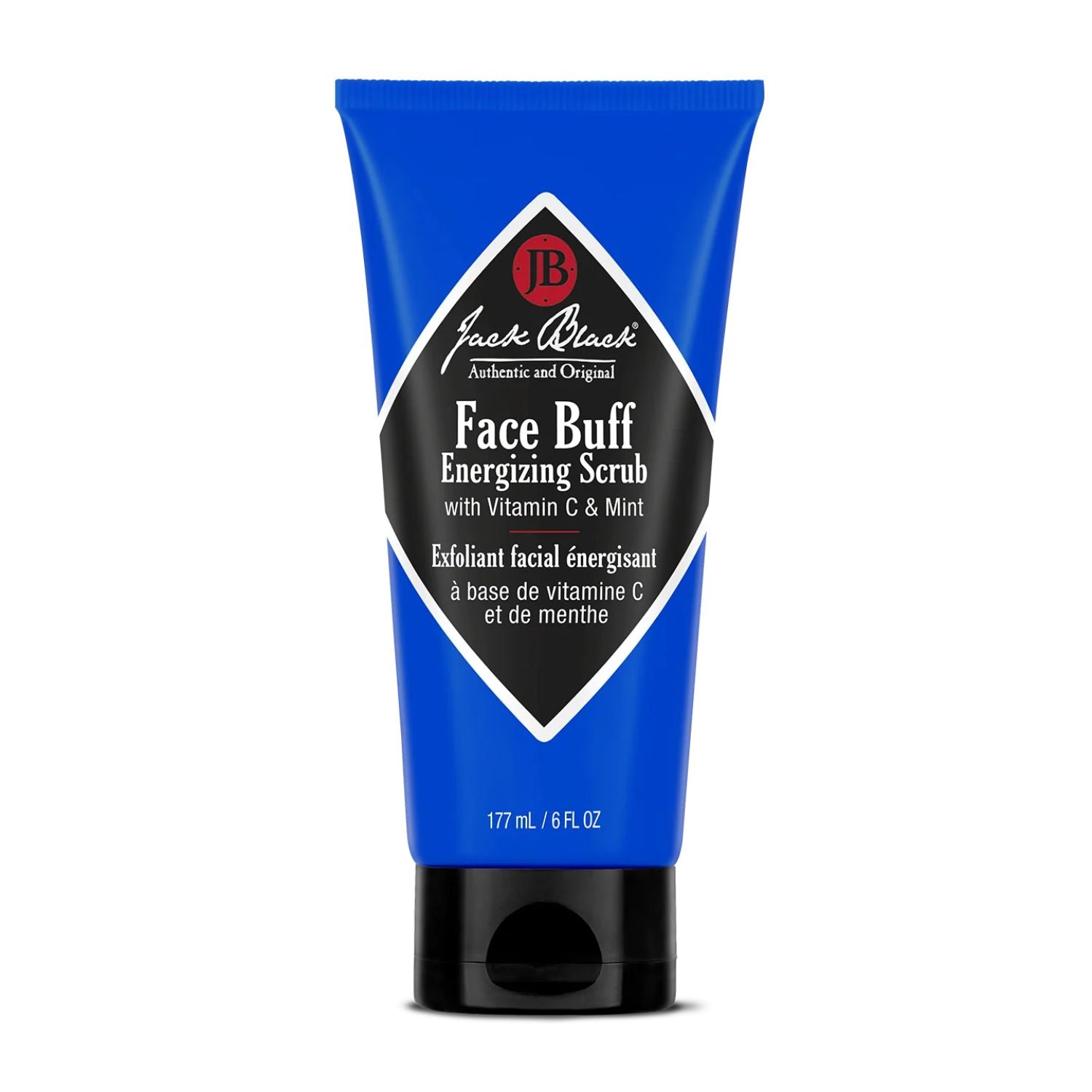 Blue tube of Jack Black Face Buff Energizing Scrub on a white background