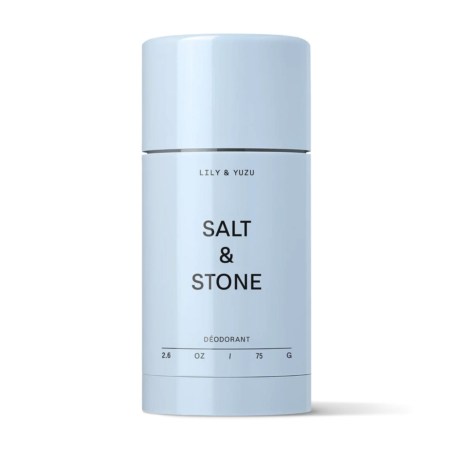 Blue deodorant stick with 'Lily & Yuzu' branding on a white background
