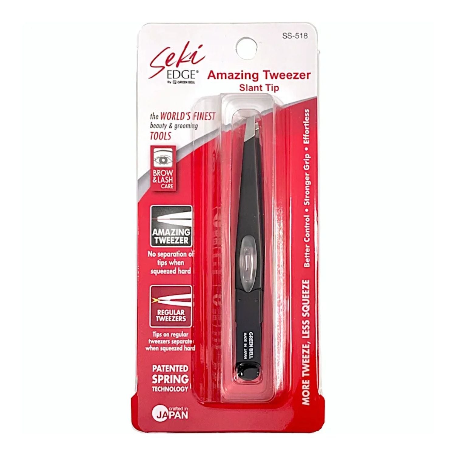 Seki Edge Amazing Tweezer Slant Tip in red and white blister packaging, featuring a black tweezing tool with a clear spring.