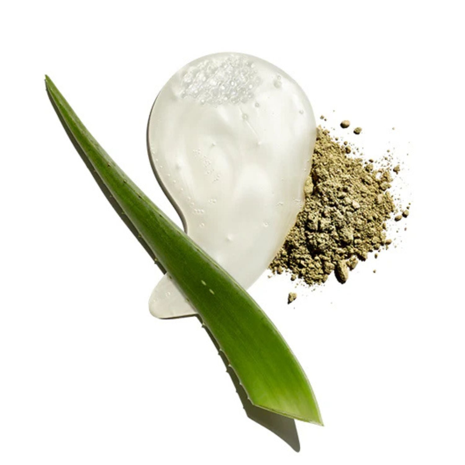 White liquid with green powder, aloe vera leaf, and white bulb on a white background