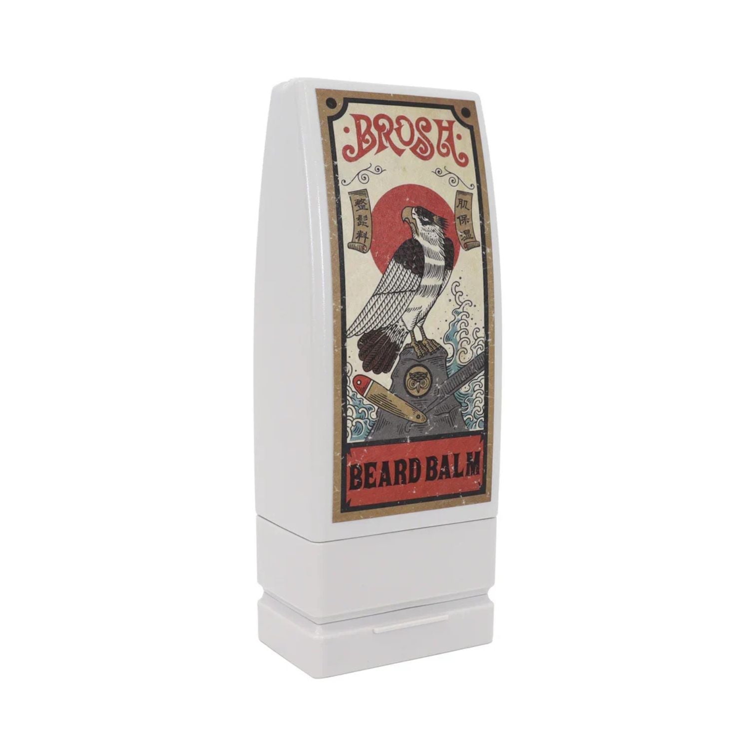 A white plastic container of beard balm with a vintage-style illustrated label featuring a bird, a red sun, and the words 'BROSH' and 'BEARD BALM'.