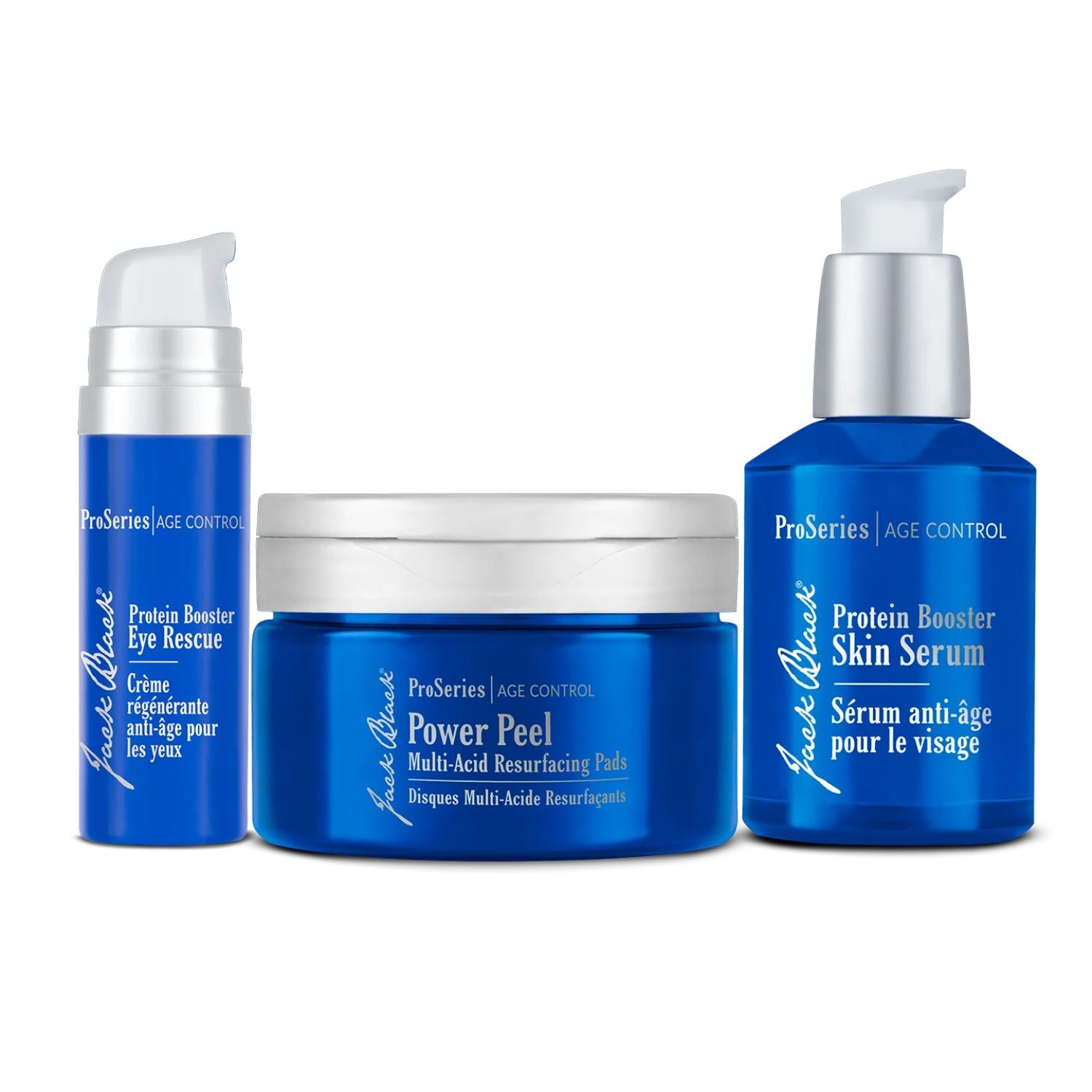 Set of blue skincare products with silver caps on a white background