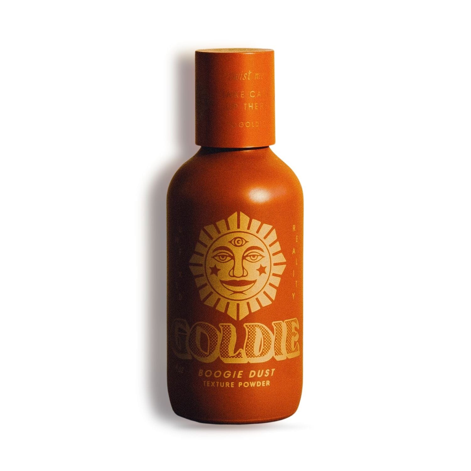 Orange bottle of Goldie Boogie Dust texture powder on a white background