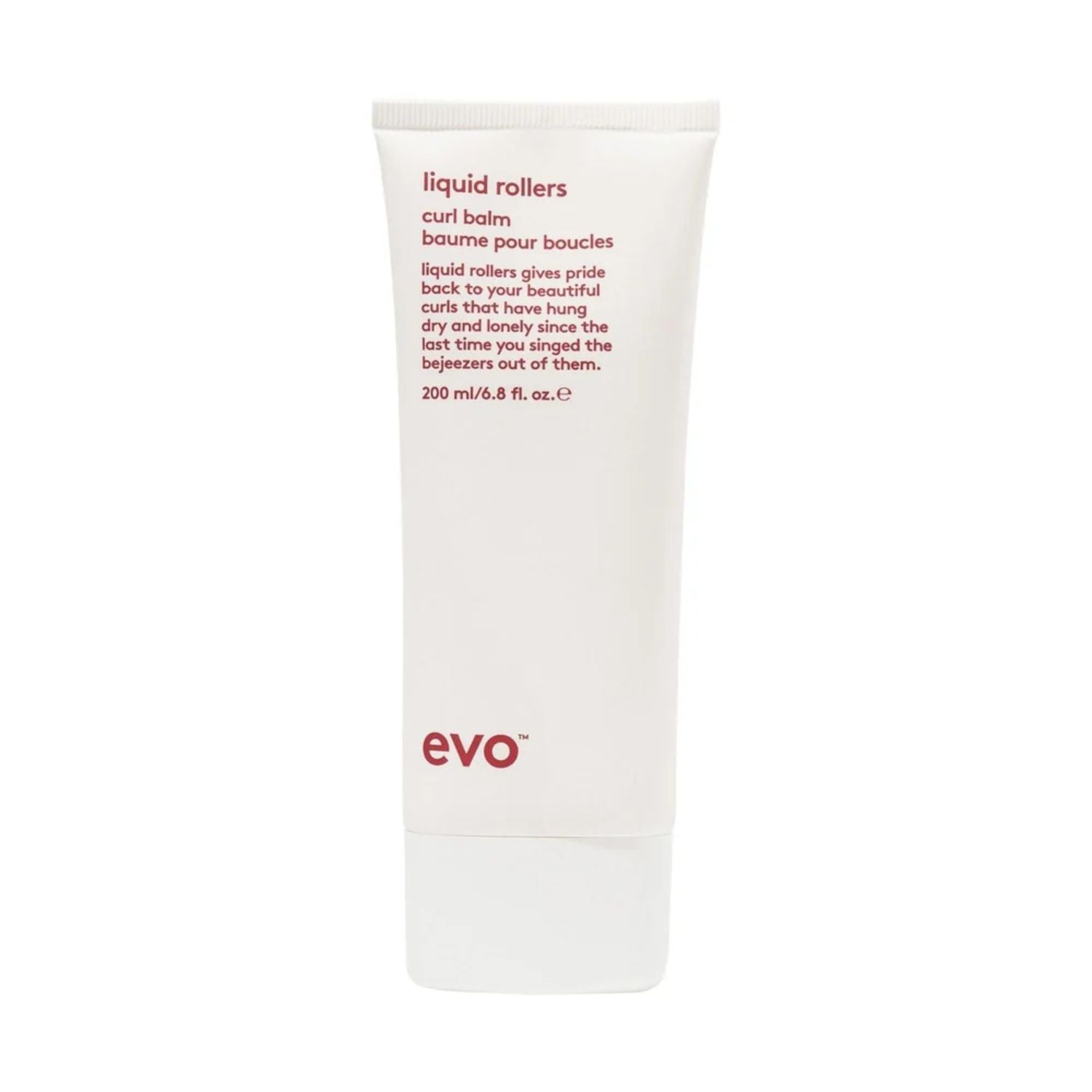 A white squeeze tube of EVO Liquid Rollers Curl Balm with red text, shown against a plain white background.