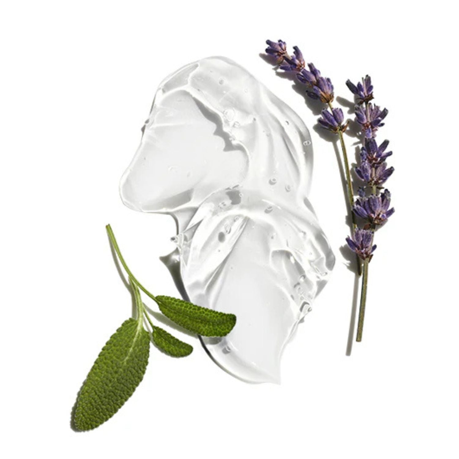 Clear gel-like substance with lavender flowers and leaves on a white background