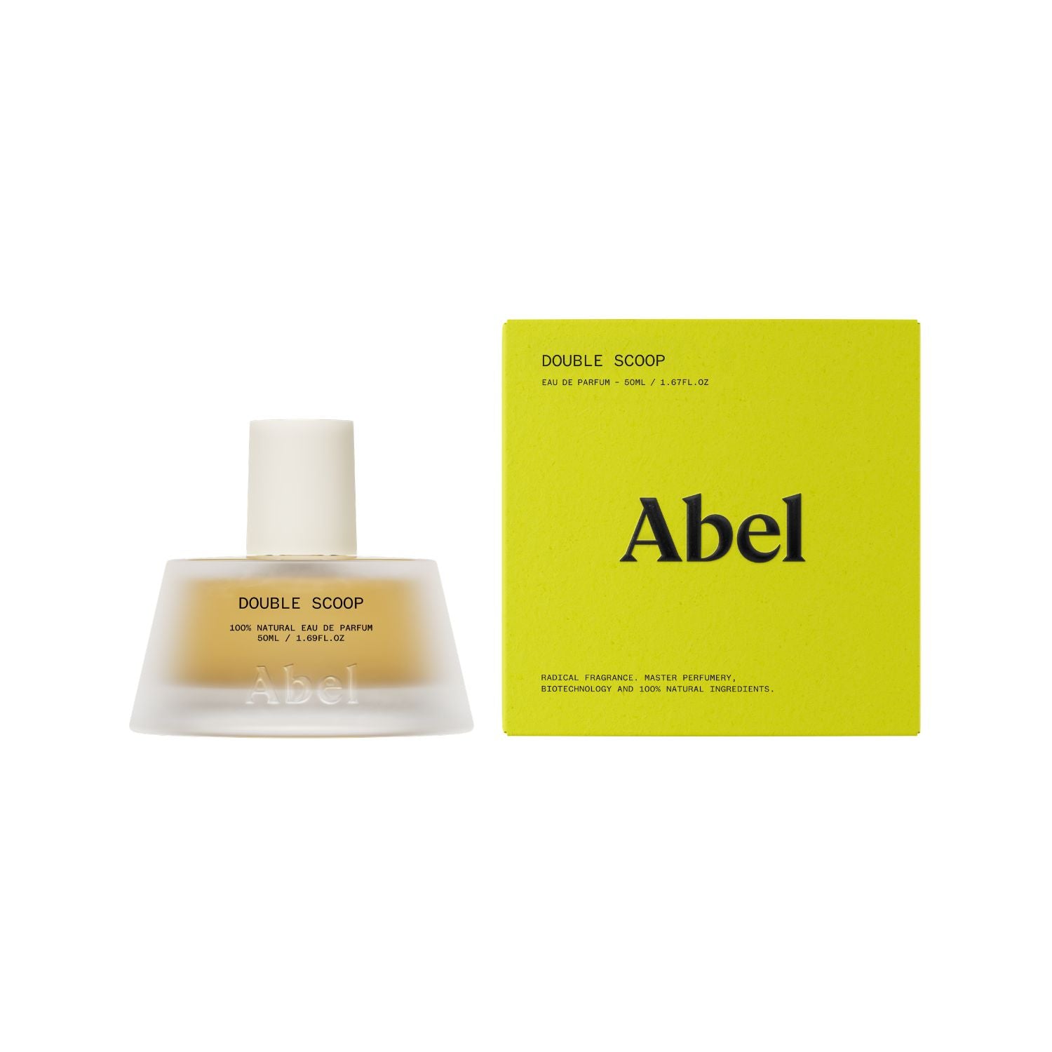 Perfume bottle and packaging with 'Abel' branding on a white background