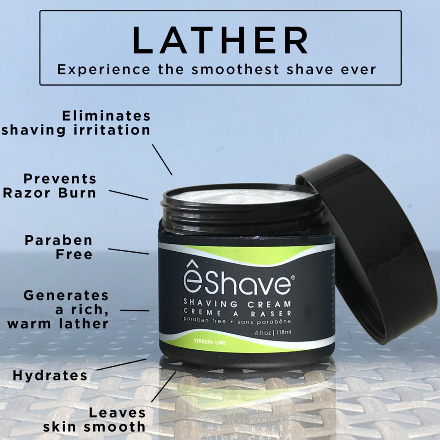 eShave shaving cream jar with features listed on a light blue background