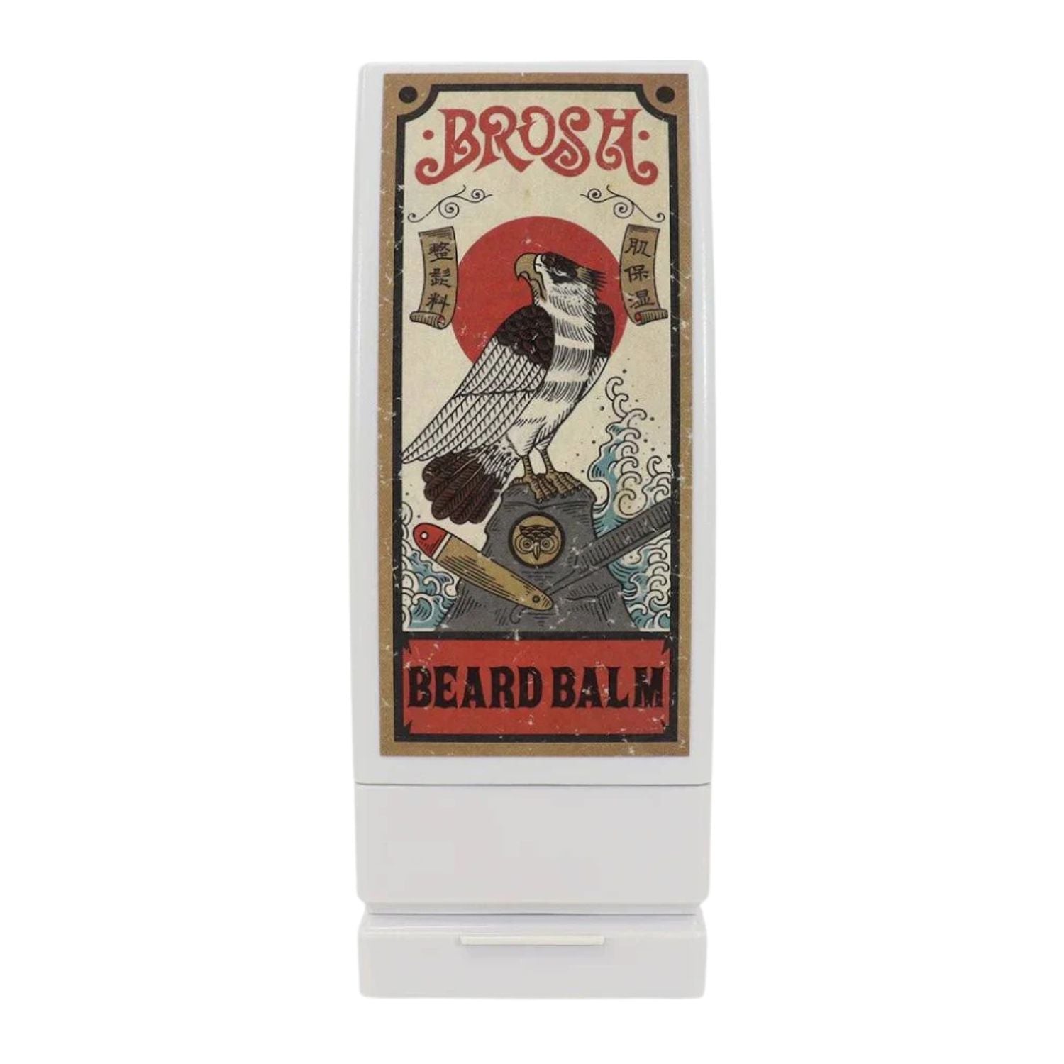 A white rectangular container of Beard Balm with a vintage-style illustrated label featuring a hawk, red sun, and the words 'BROSH' and 'BEARD BALM'.