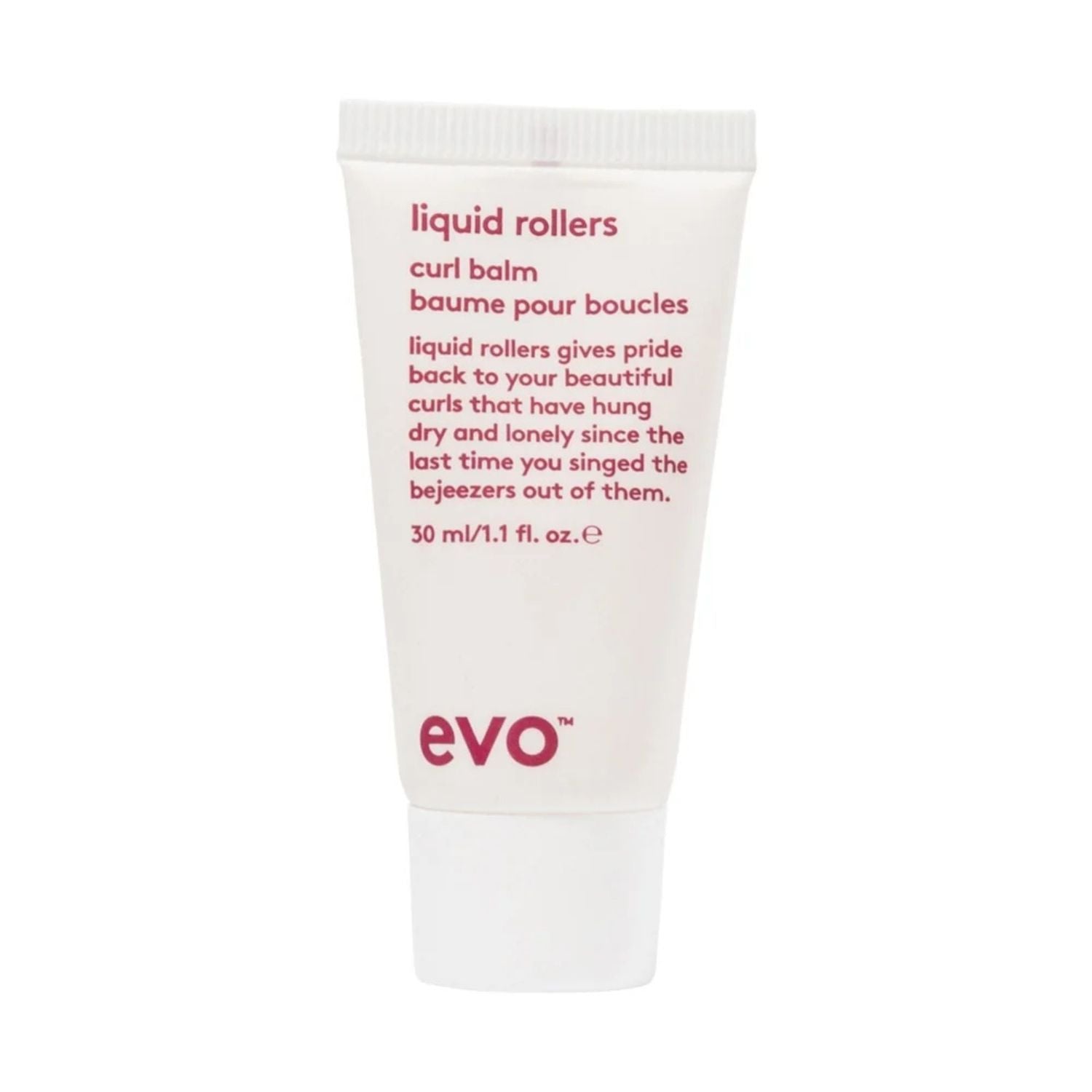 A 30 ml squeeze tube of EVO Liquid Rollers Curl Balm on a clean white background. The tube is white with pink text and the brand logo 'evo' printed near the bottom.