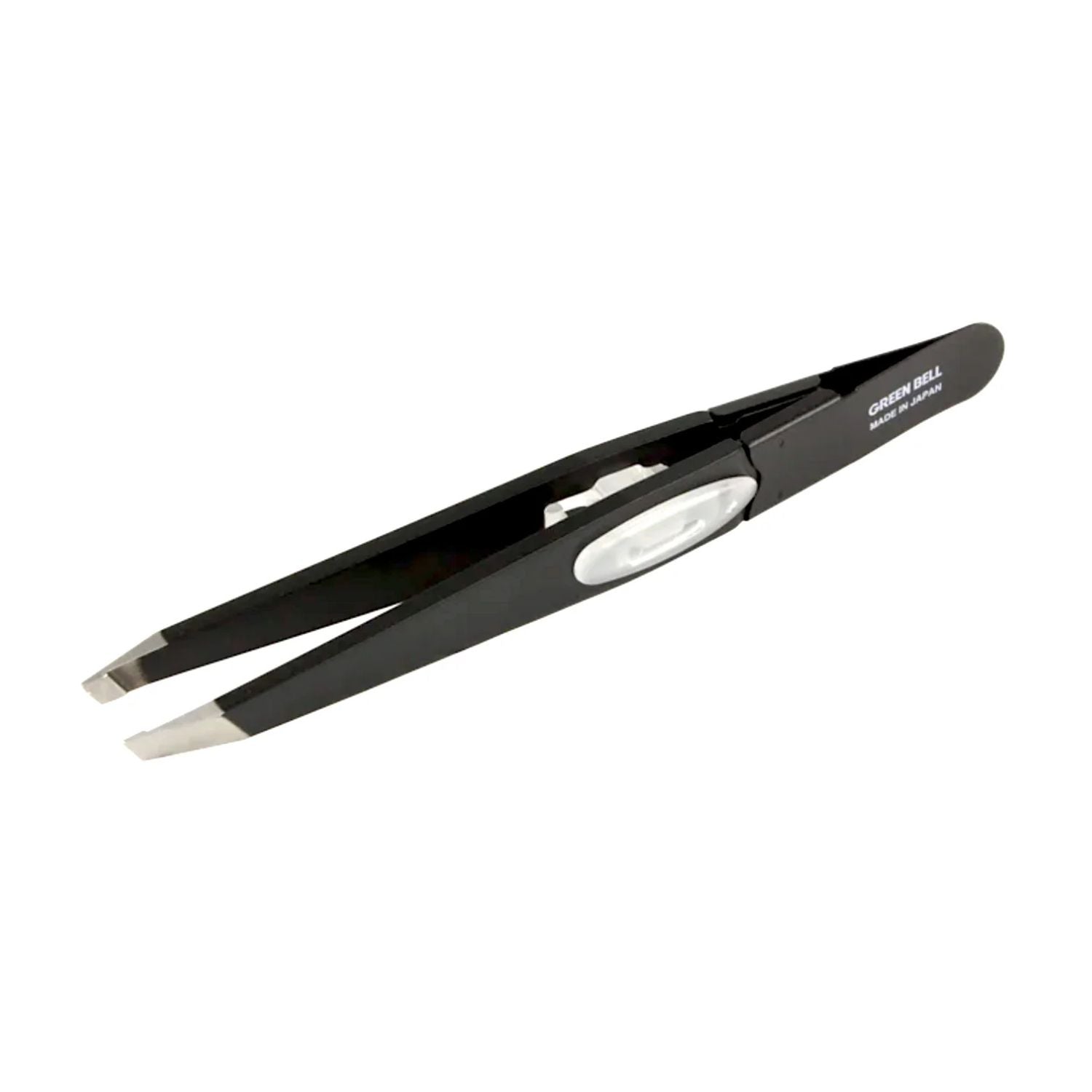 Black tweezers with slanted tips on a white background
