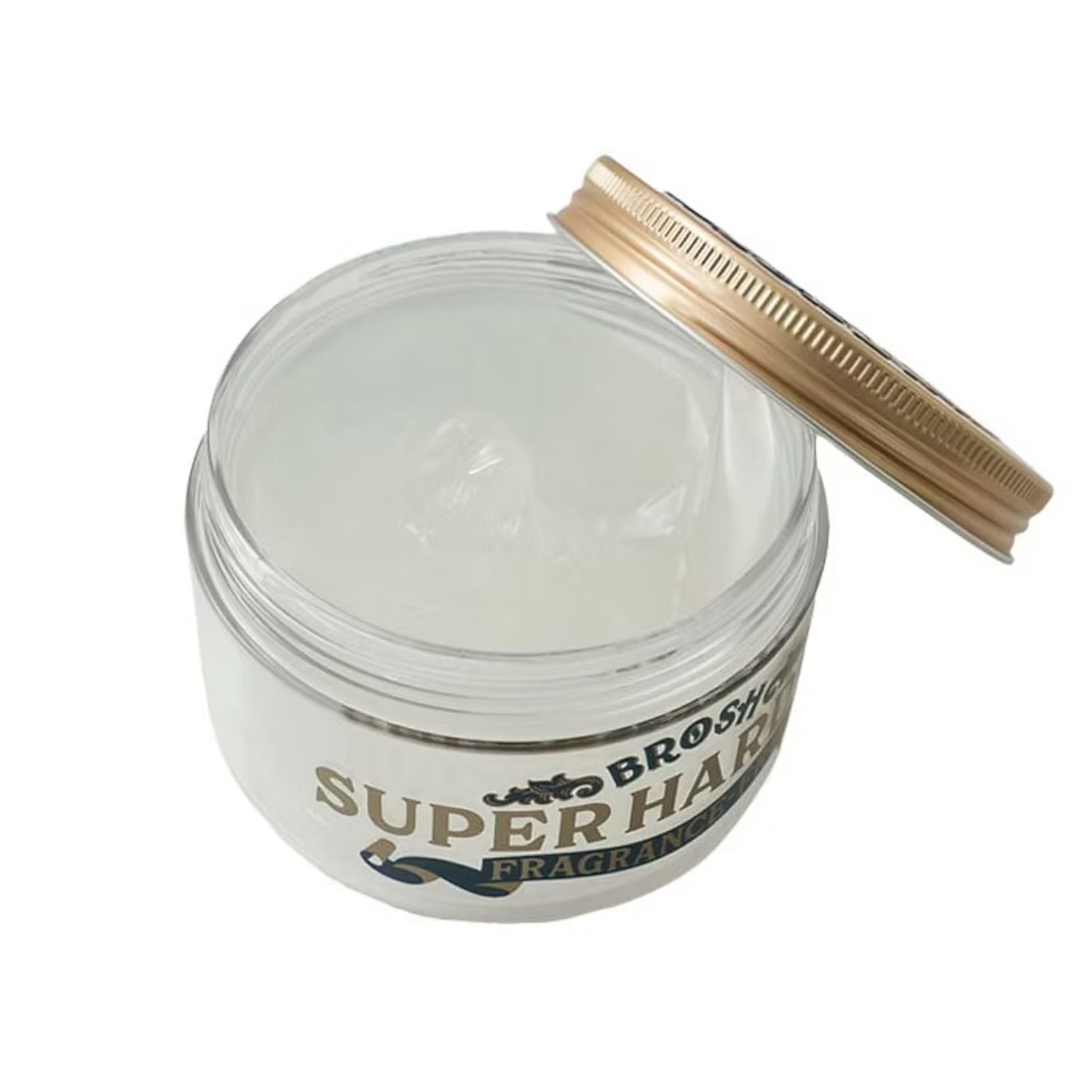 An open jar of Brosh Super Hair Fragrance on a white background, showing the white gel inside and a gold-colored metal lid resting beside it.