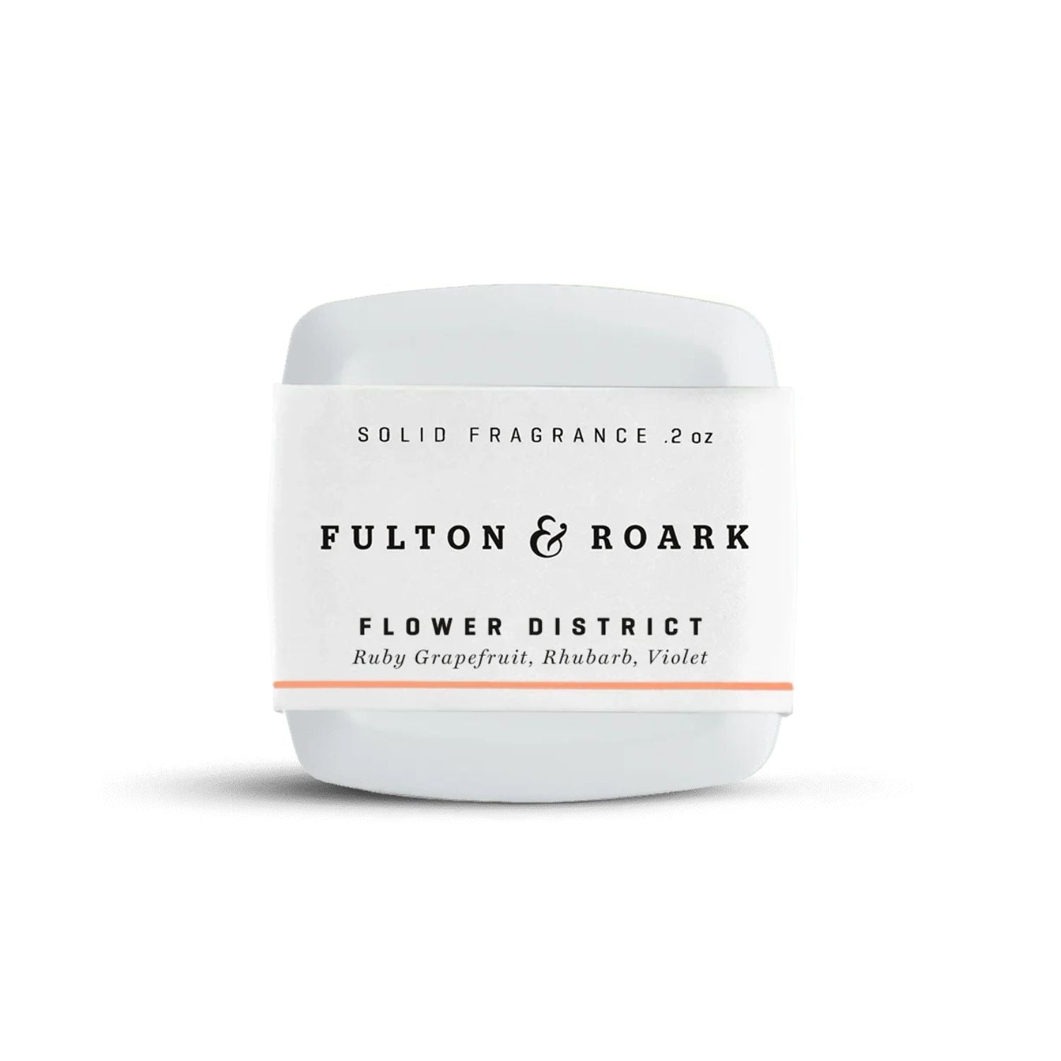 A white solid fragrance jar with a white label reading 'FULTON & ROARK' and 'FLOWER DISTRICT' on a clean white background.