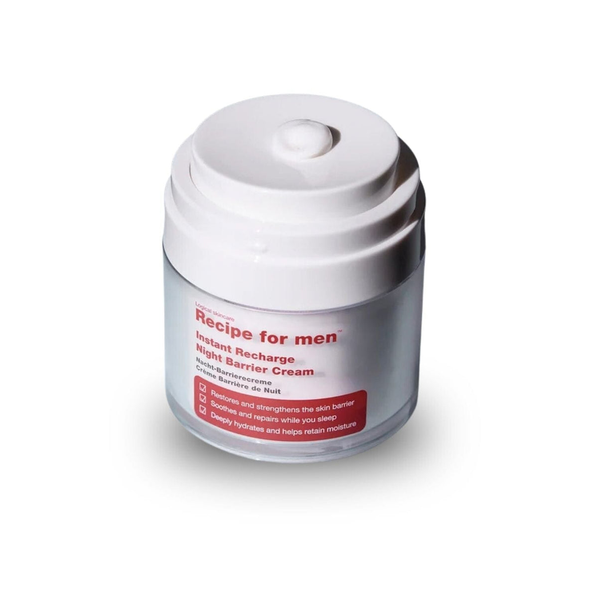 A jar of 'Recipe for men' Isotonic Recharge Night Barrier Cream on a white background.