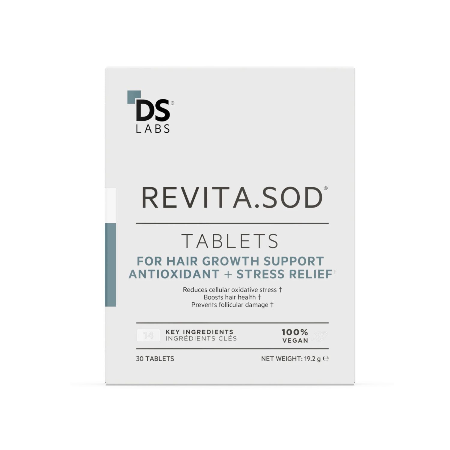 Box of DS Labs Revita.SOD Tablets for hair growth support on a white background