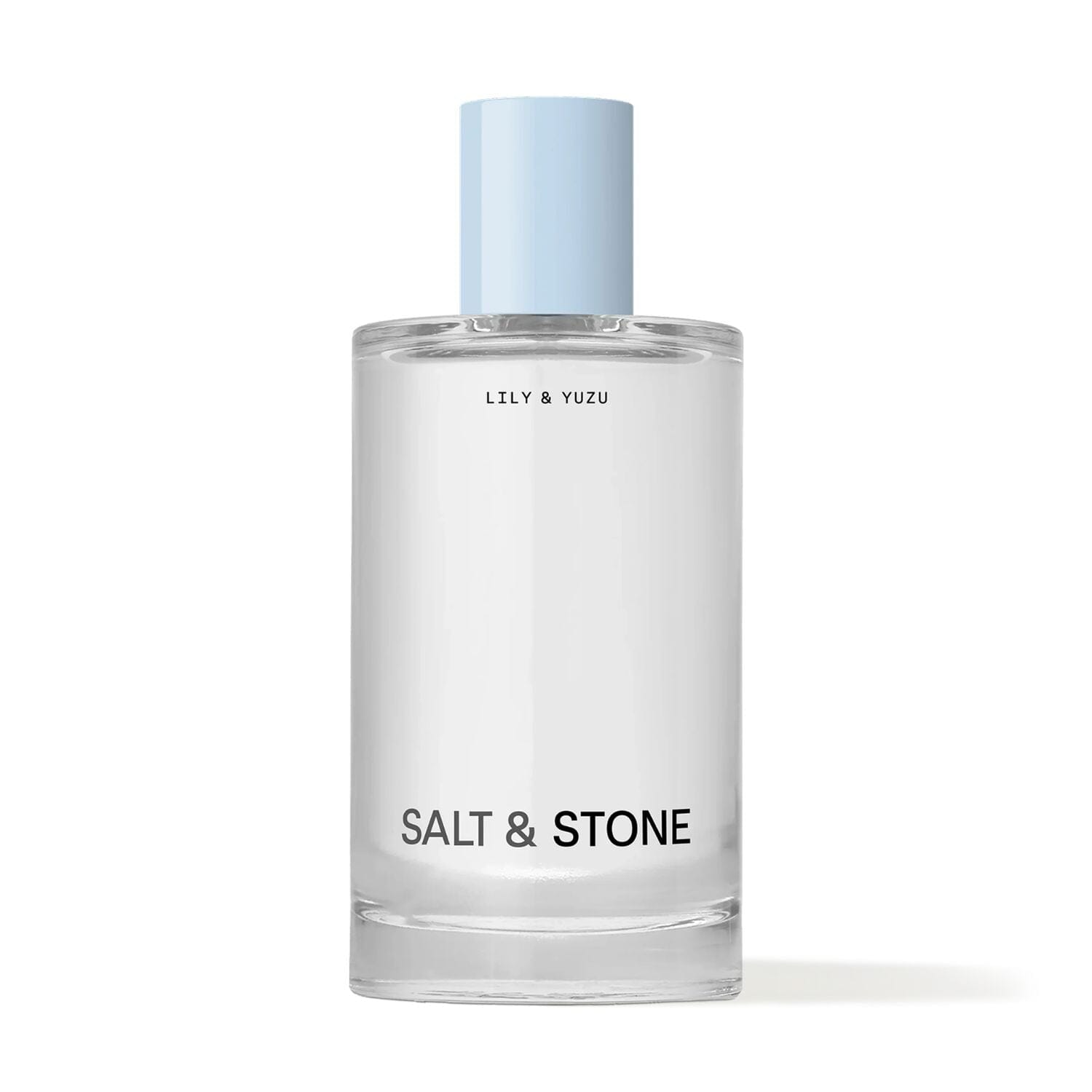 Clear glass bottle with a light blue cap labeled 'Salt & Stone' on a white background