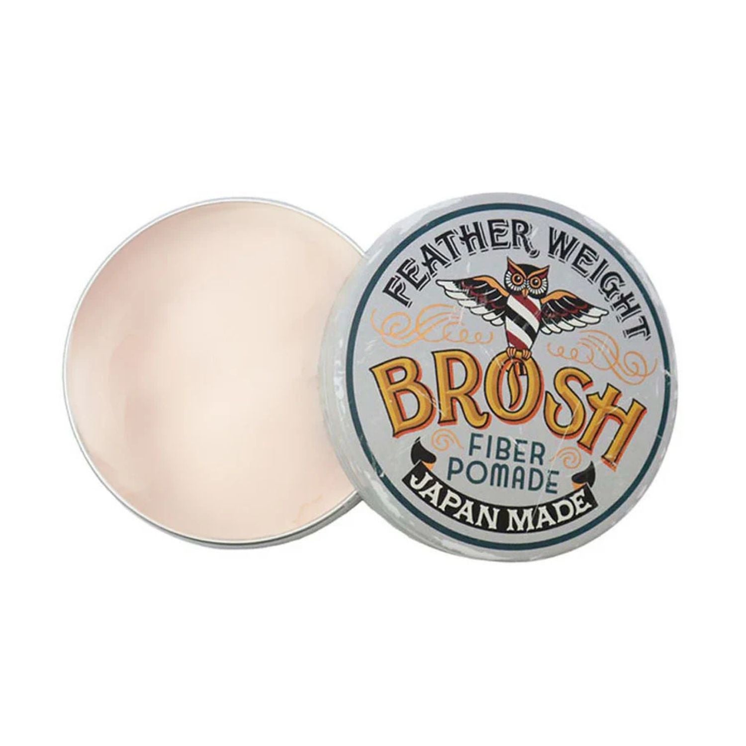 An open round metal tin of Feather Weight Brosh Fiber Pomade, showing the pale peach-colored pomade inside next to its white lid which features a retro owl logo and text.
