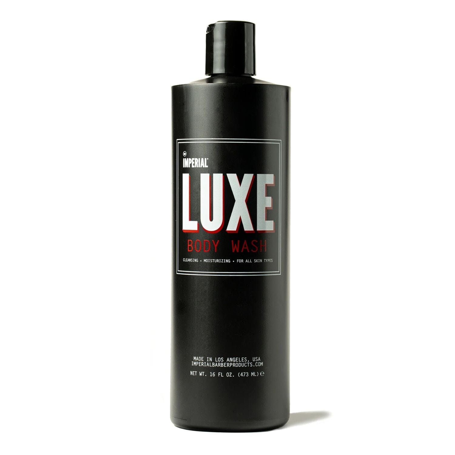 Black bottle labeled Imperial Lux Body Wash on a white background 