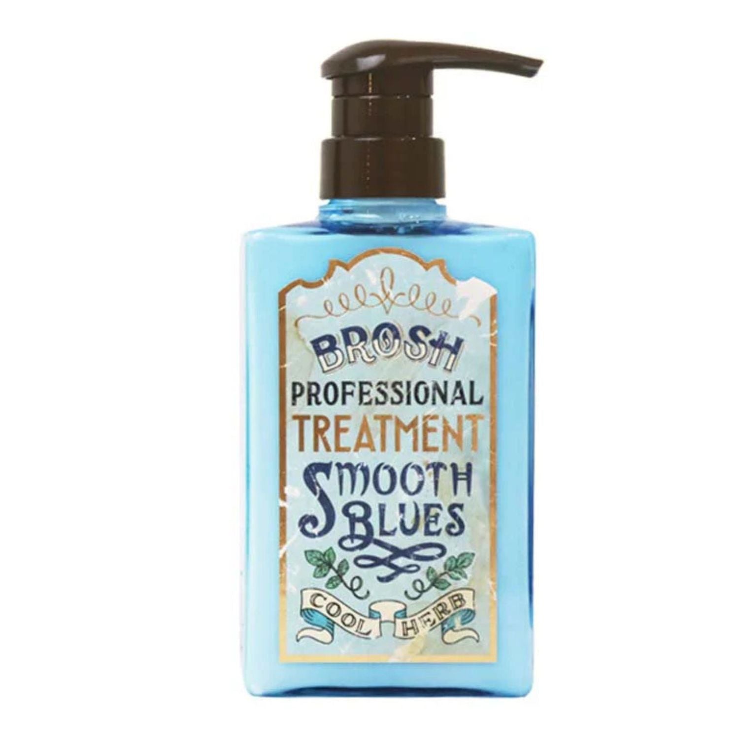 A bottle of Brosh Professional Treatment Smooth Blues with a light blue body, dark brown pump dispenser, and a vintage-style cream label.