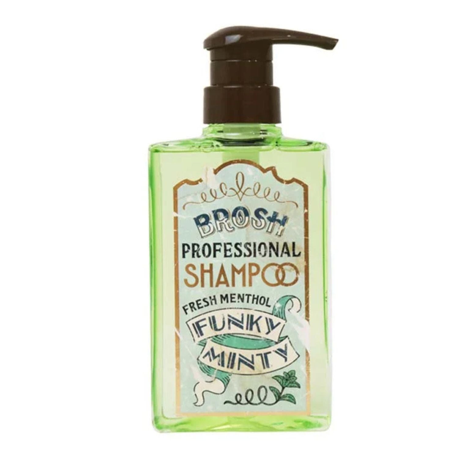 A bottle of Brosh Professional Shampoo in the Fresh Menthol Funky Minty variant, featuring a translucent light green bottle, a dark brown pump dispenser, and a vintage-style cream label with green and blue text.