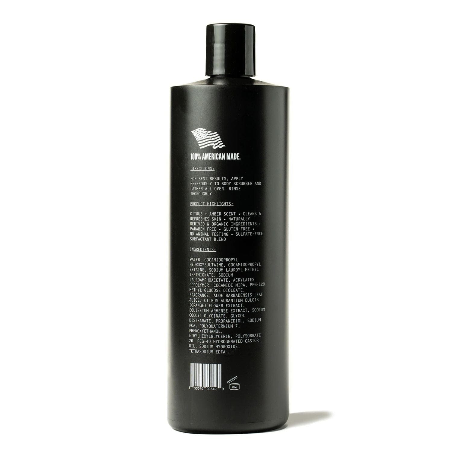 Back of a Black bottle labeled with ingredients on a white background 