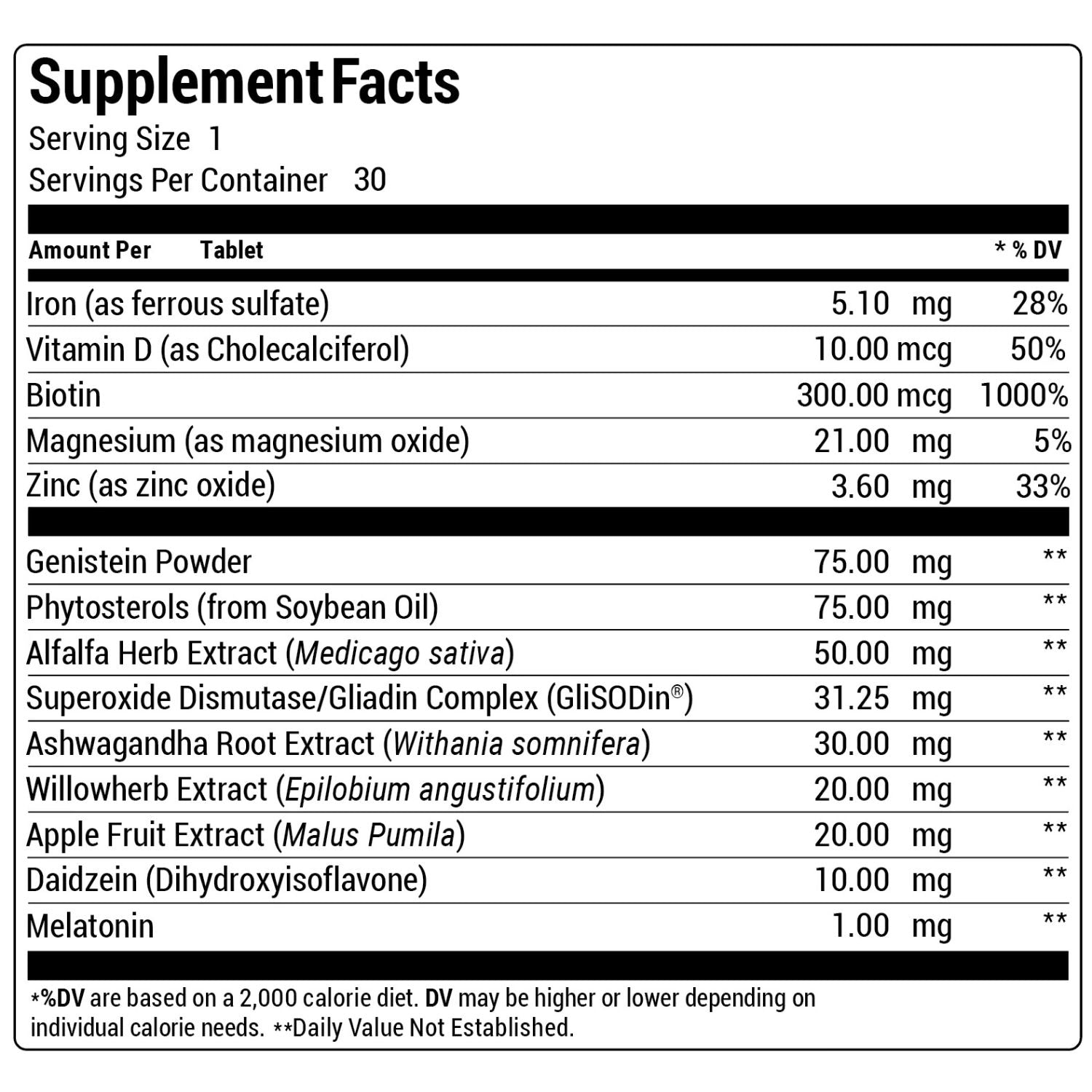 Supplement facts label with various nutrients listed on a white background