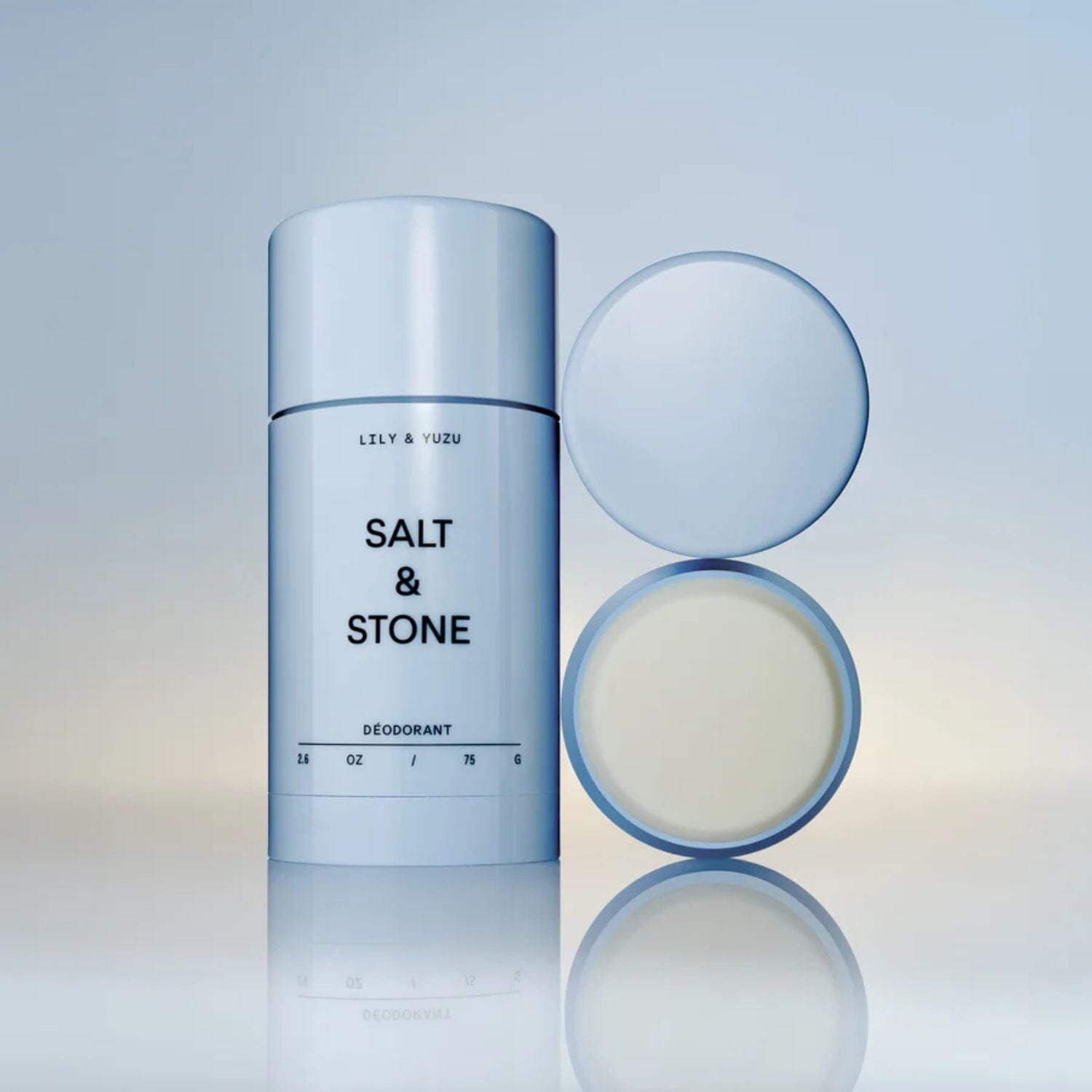 Deodorant stick with 'Salt & Stone' branding on a gradient background