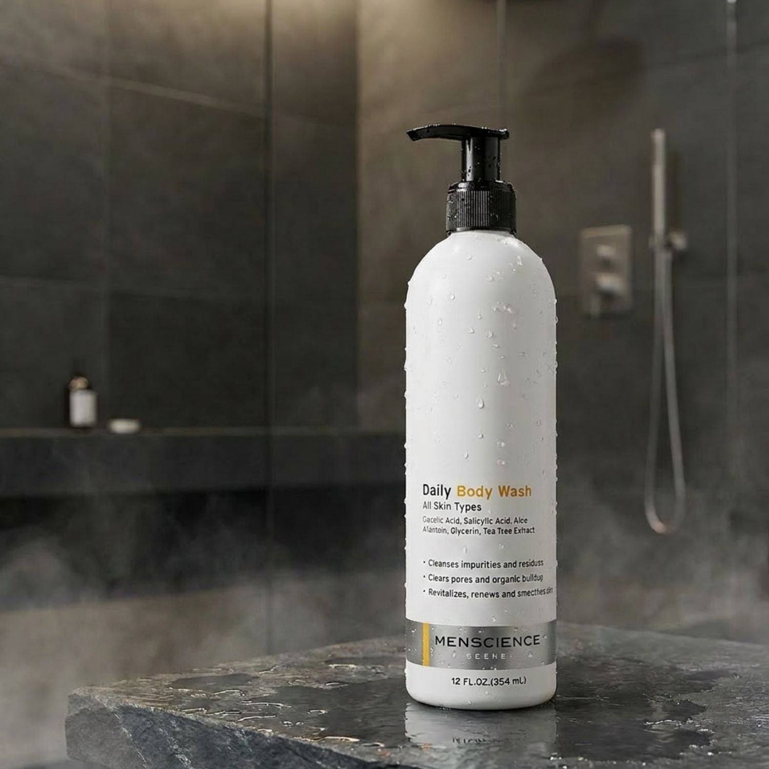 Bottle of MenScience Daily Body Wash on a bathroom counter with a tiled wall background