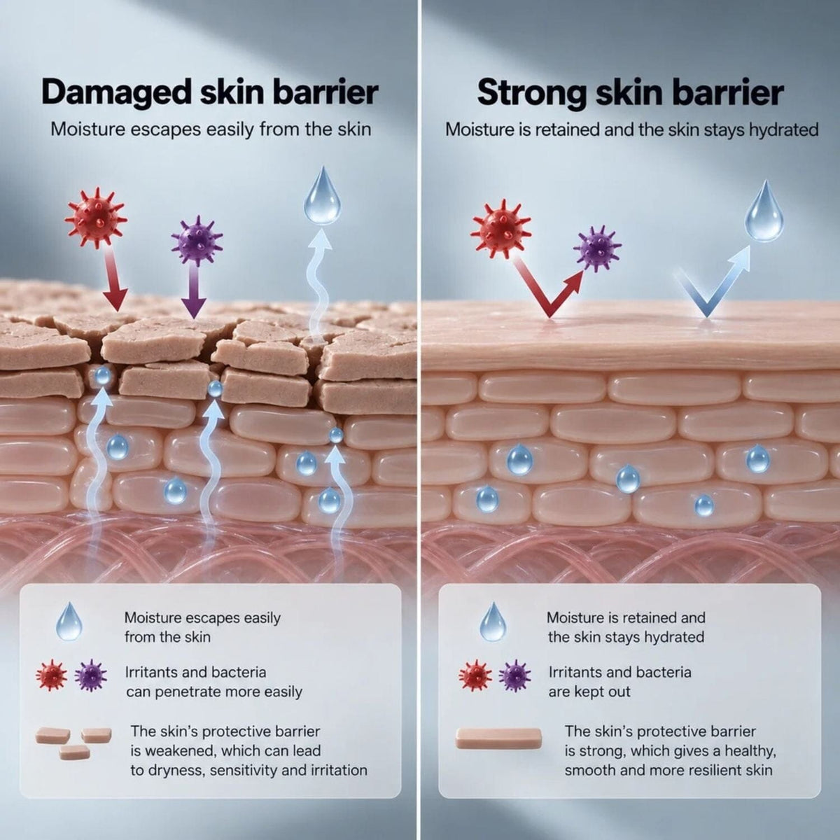 A side-by-side skincare infographic comparing damaged skin barrier on the left and strong skin barrier on the right, with illustrated skin layers, water droplets, red and purple irritant particles, and explanatory text boxes.
