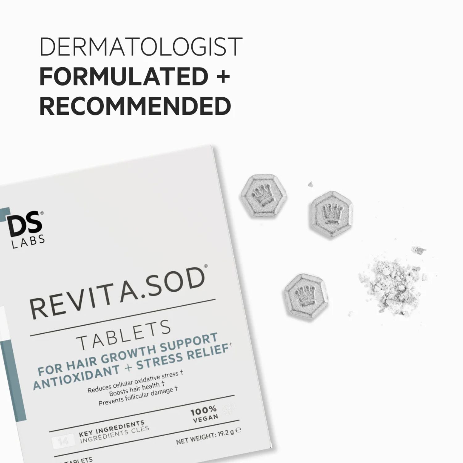 Revita.SOD tablets packaging with text 'Dermatologist Formulated + Recommended' on a white background.