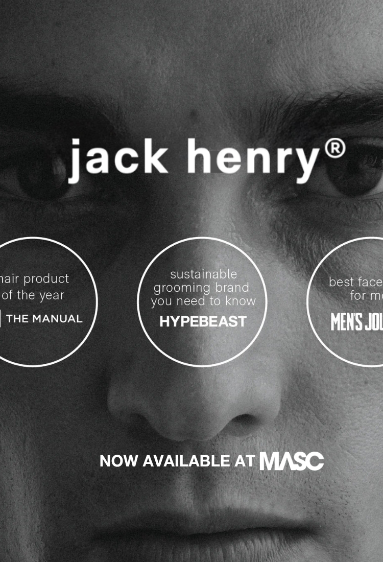 Black and white advertisement for Jack Henry with text about the brand's recognition and availability at MASC.